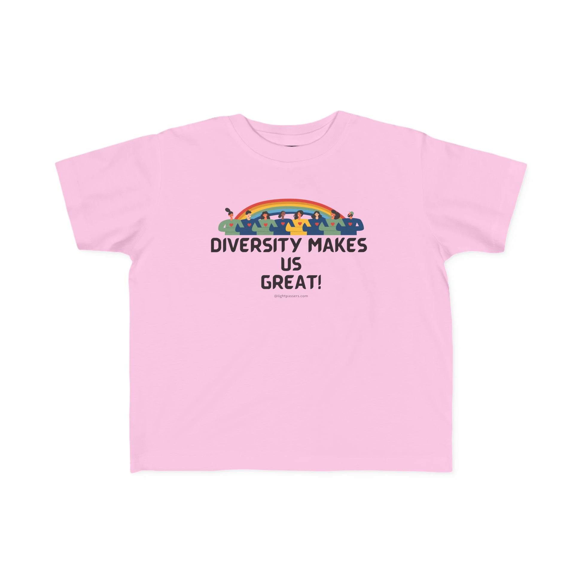 A toddler tee featuring Diversity Makes Us Great text with a rainbow design. Soft 100% combed cotton, durable print, tear-away label, and a classic fit. Ideal for sensitive skin.