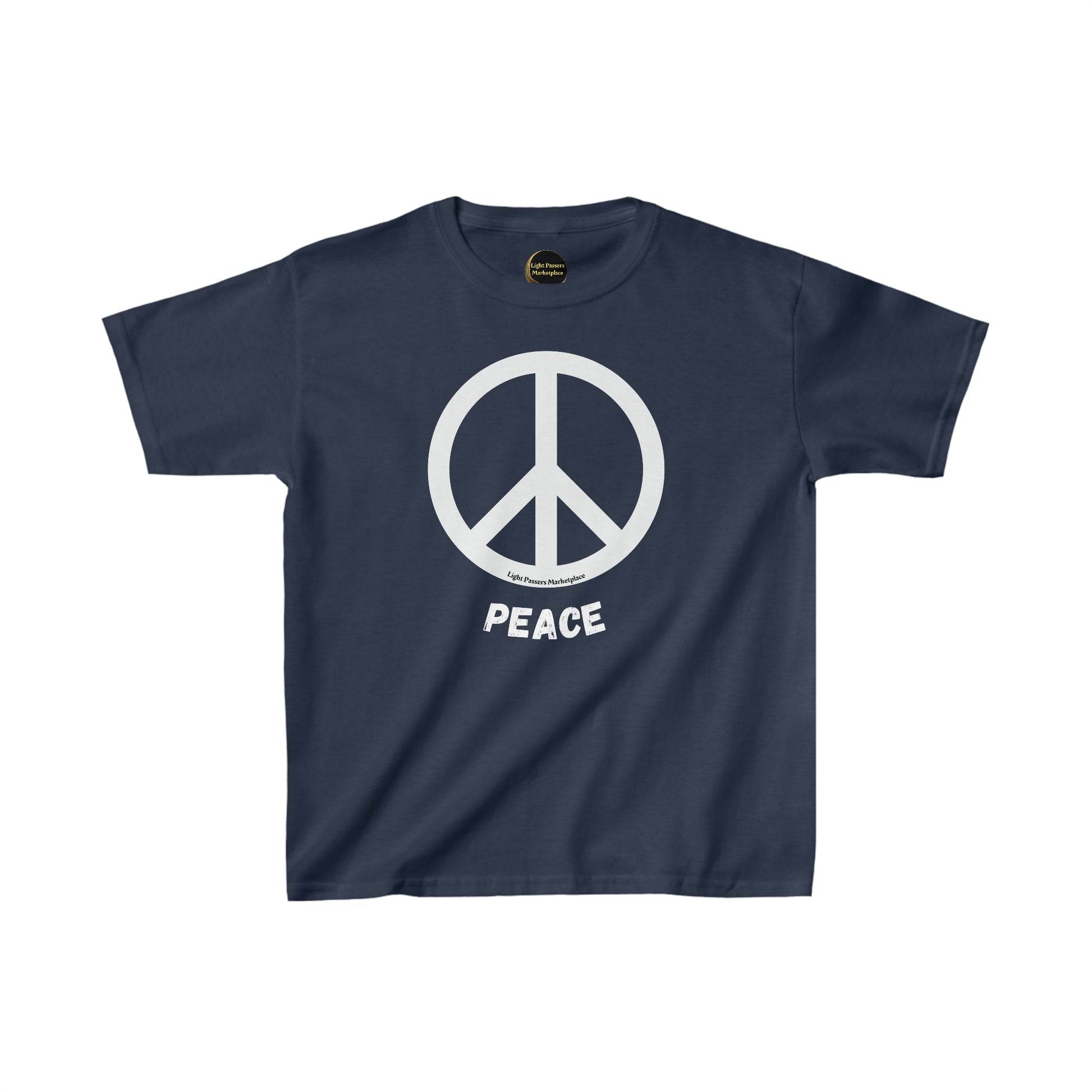 Youth blue shirt with a peace sign logo, made of 100% cotton for comfort and durability. Features twill tape shoulders and ribbed collar for resilience. Ethically sourced US cotton.