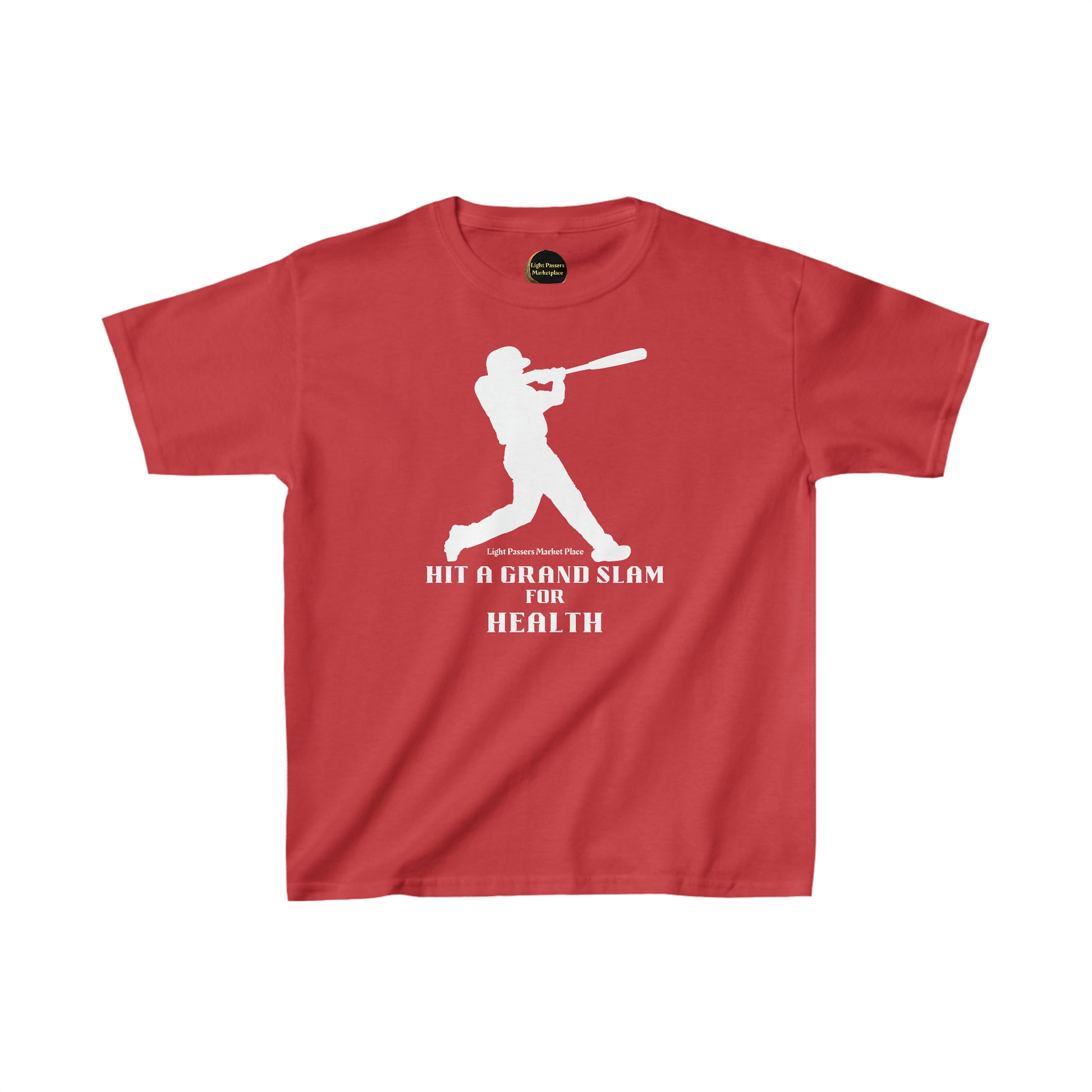 A red youth t-shirt featuring a baseball player design, made of 100% cotton with added polyester for heather variants. Durable twill tape shoulders, ribbed collar, and tear-away labels for comfort.