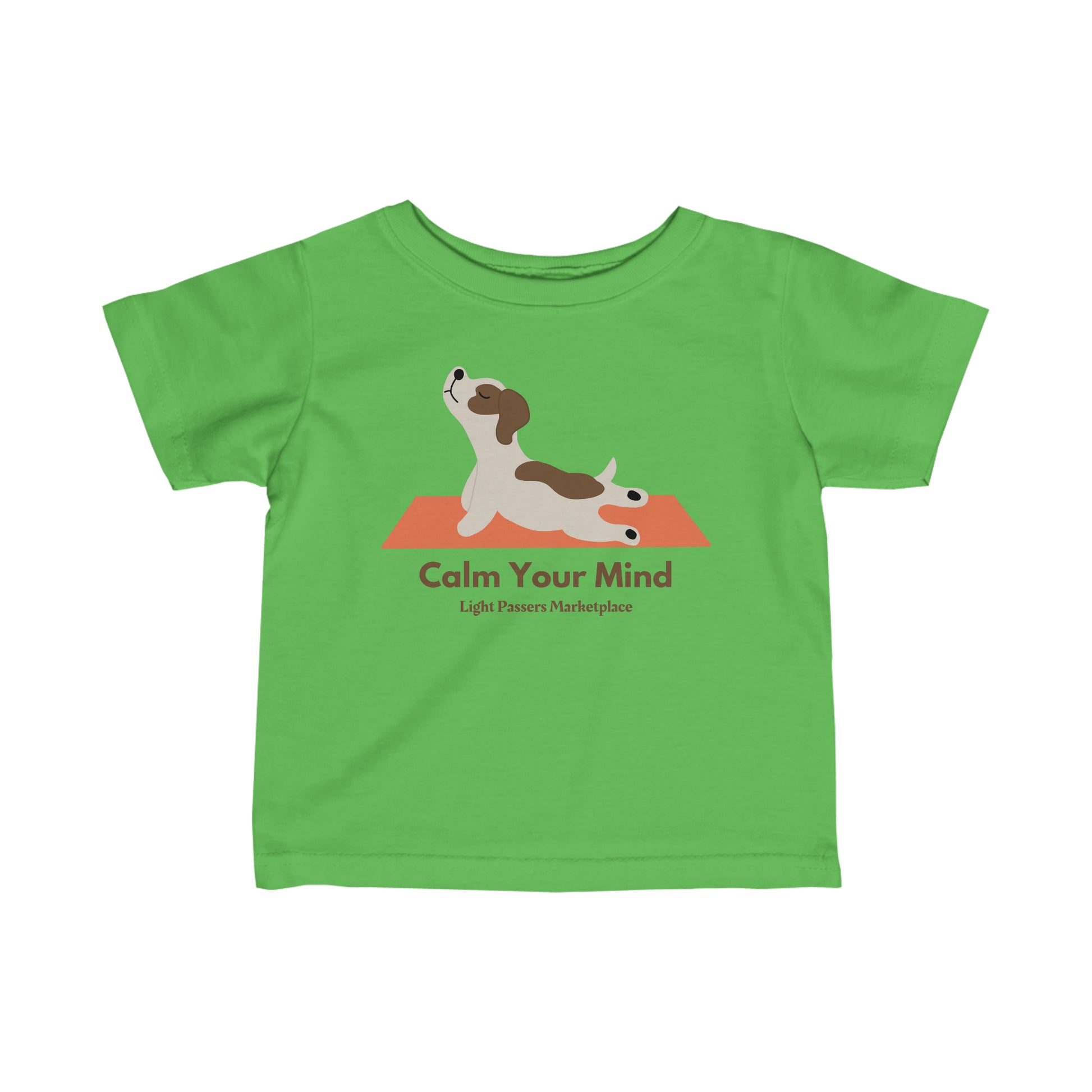 A green baby tee featuring a calm dog design, perfect for young ones. Made of soft, durable cotton with side seams, ribbed knitting, and taped shoulders for a comfy fit.