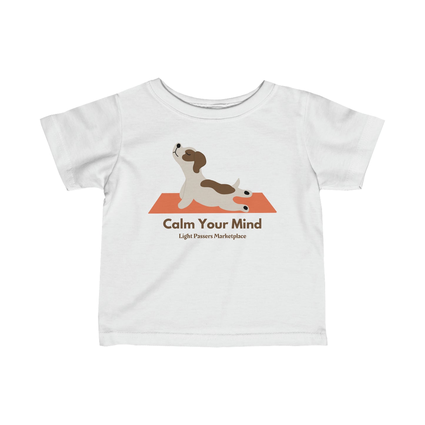 A baby t-shirt featuring a calm dog design. Made of fine jersey fabric with side seams for shape support, ribbed knitting for durability, and taped shoulders for comfort.