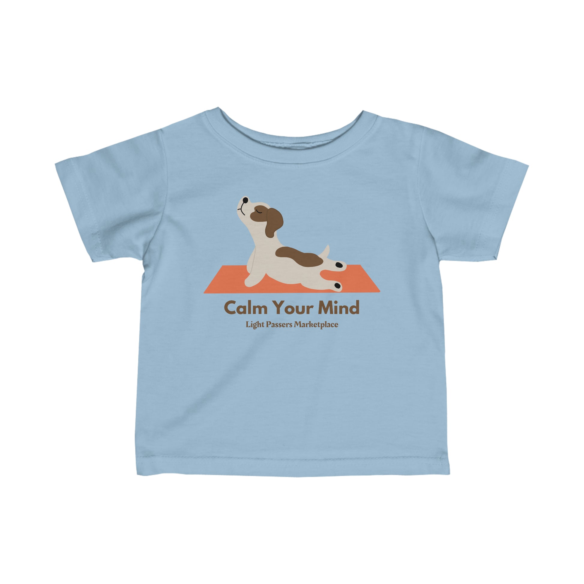 A baby t-shirt featuring a calm dog design, ideal for young ones. Side seams, ribbed knitting, and taped shoulders ensure durability and comfort. 100% combed ringspun cotton, light fabric, classic fit.