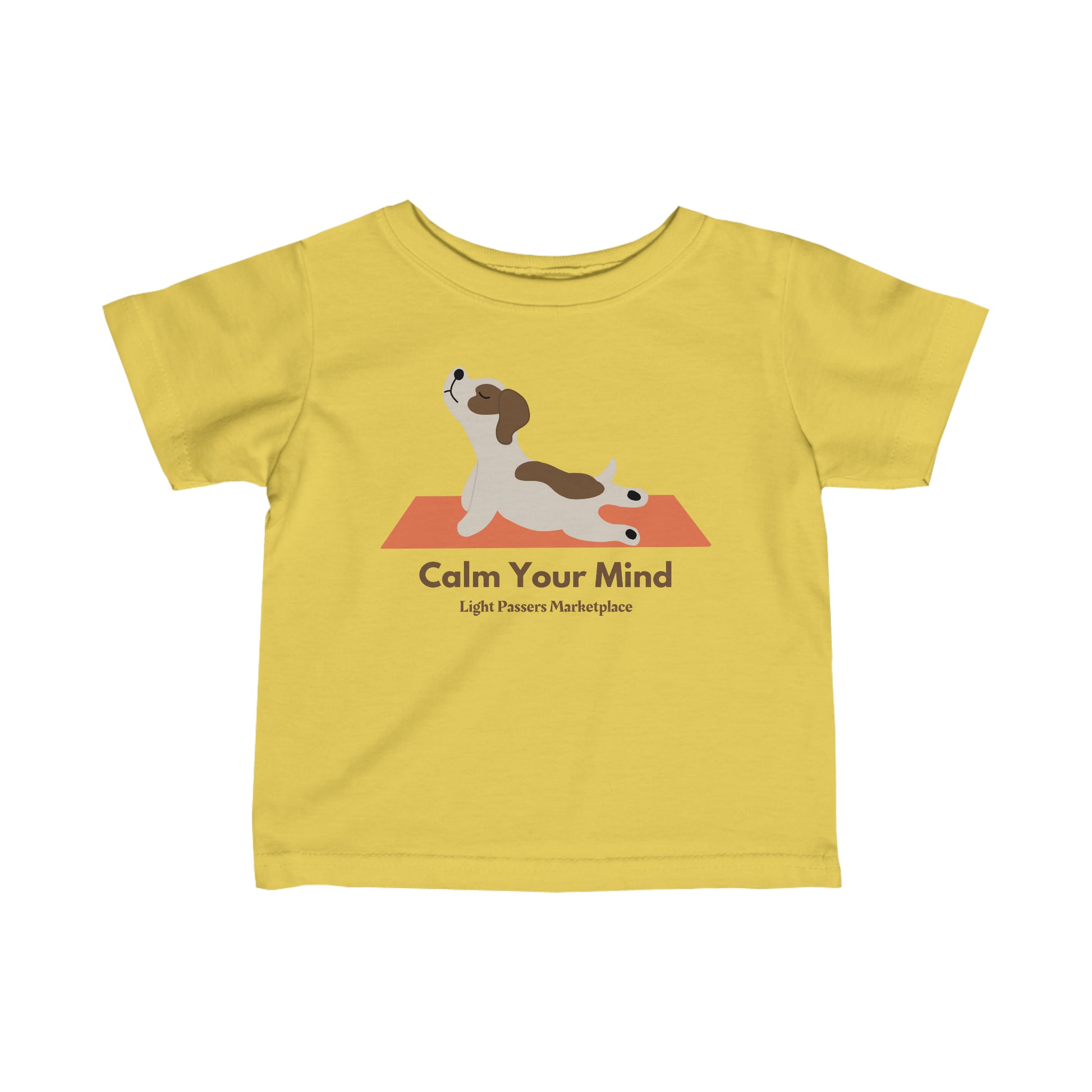 Infant fine jersey tee featuring a yellow shirt with a dog cartoon, embodying Yoga Calm Dog Baby T-shirt's comfort and durability. Side seams, ribbed knitting, and taped shoulders ensure a classic fit.