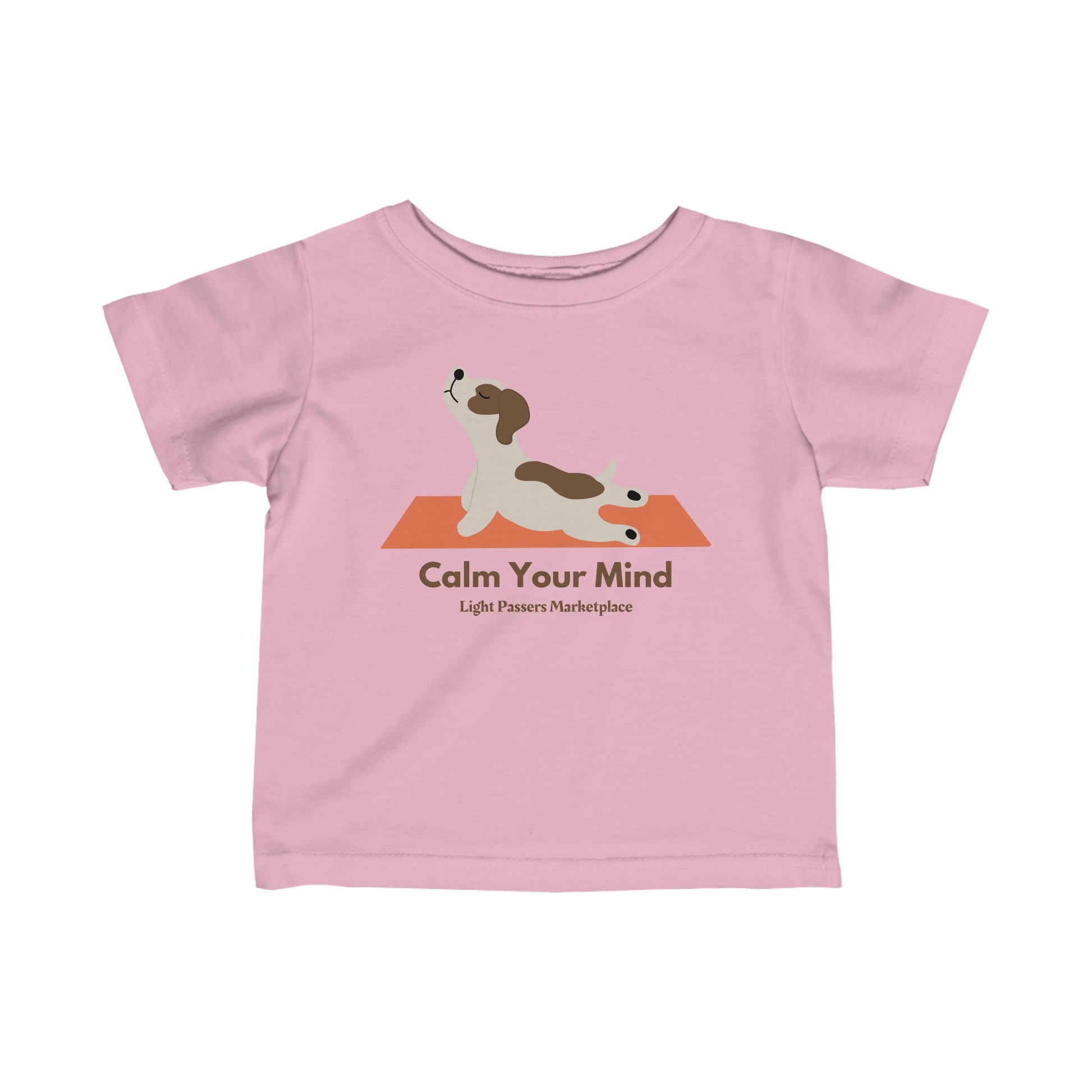 A pink baby T-shirt featuring a calm dog design, with side seams for shape support, ribbed knitting for durability, and taped shoulders for a comfortable fit.