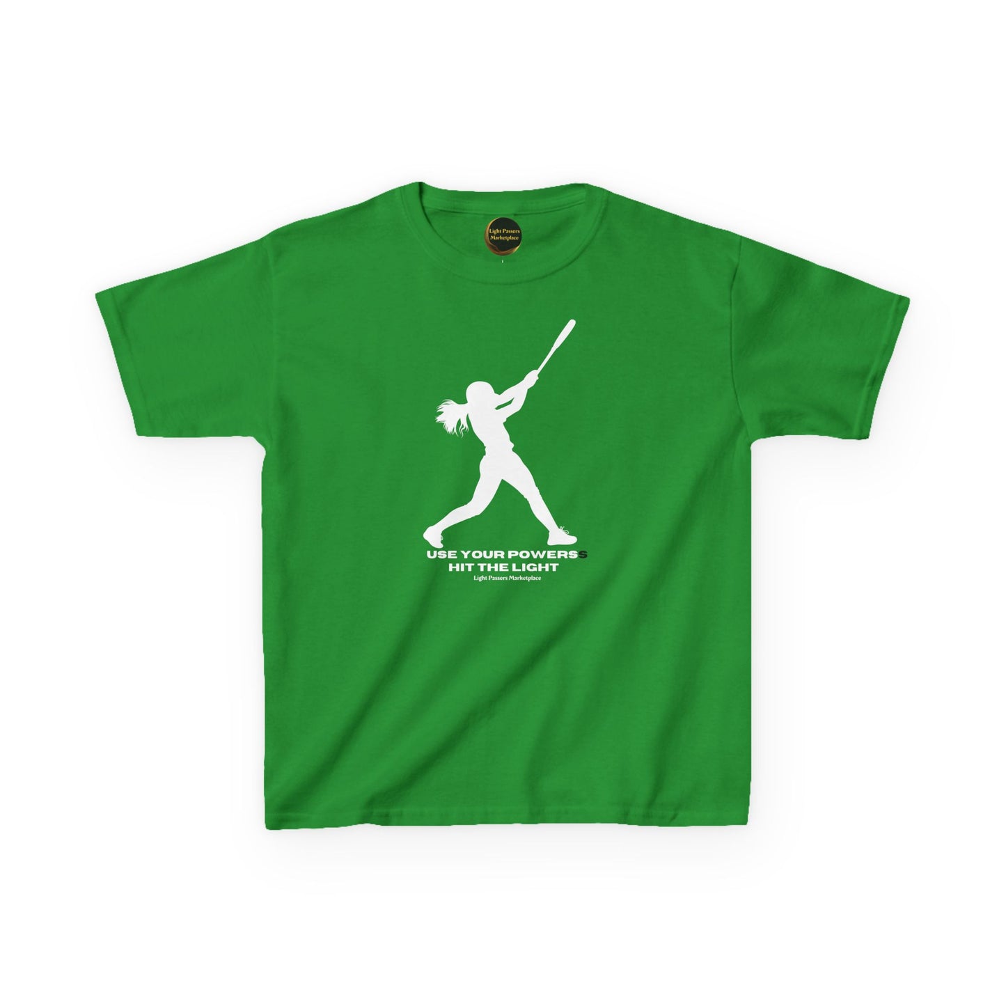 Youth T-shirt featuring a batter silhouette and USE YOUR POWERS HIT THE LIGHT slogan, reflecting Light Passers Marketplace's inspirational theme.