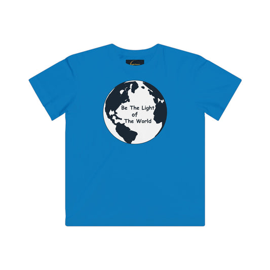 Blue kids' T-shirt with globe circle graphic reading “Be The Light of The World”