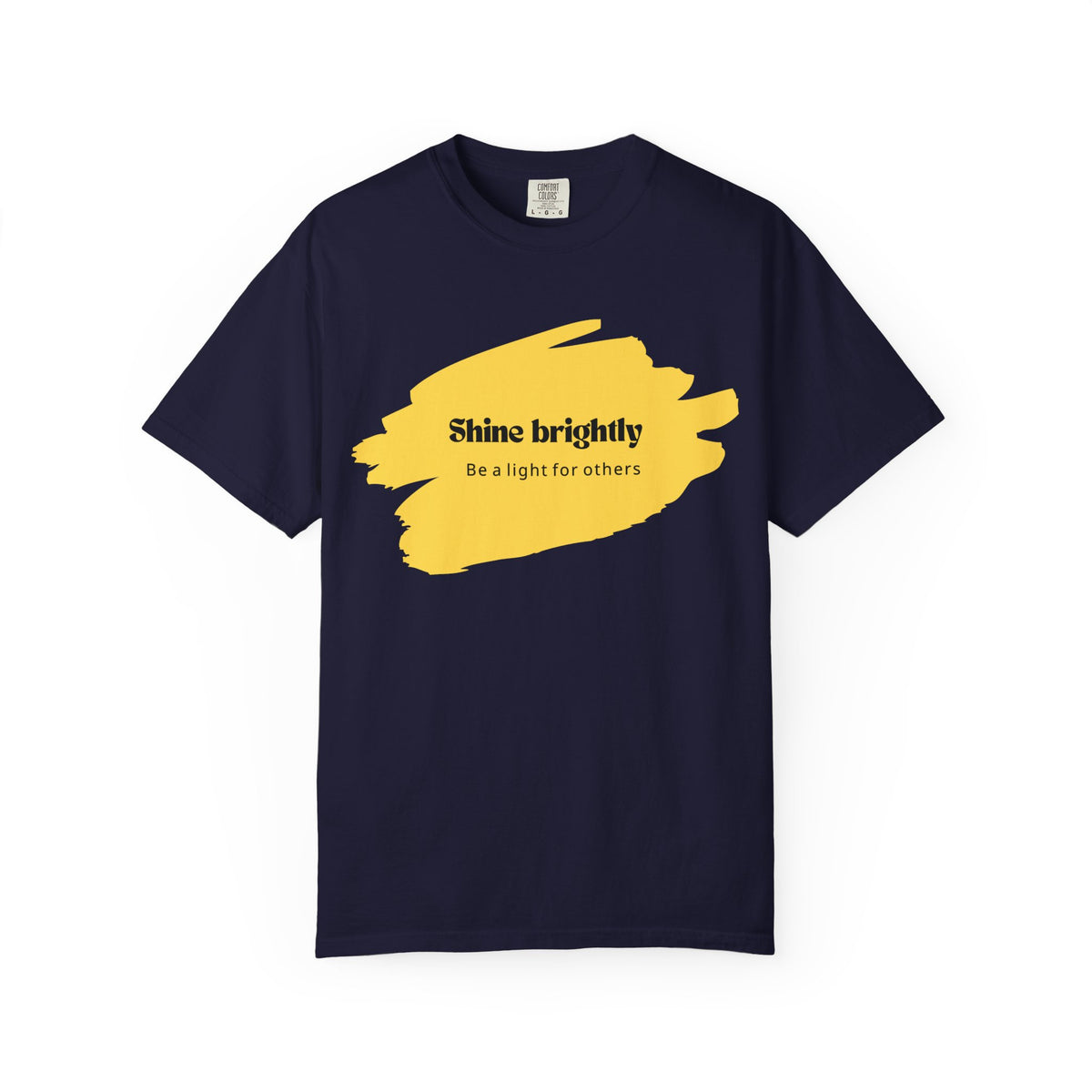 True Navy unisex T-shirt with yellow paint-splash graphic and “Shine brightly” text