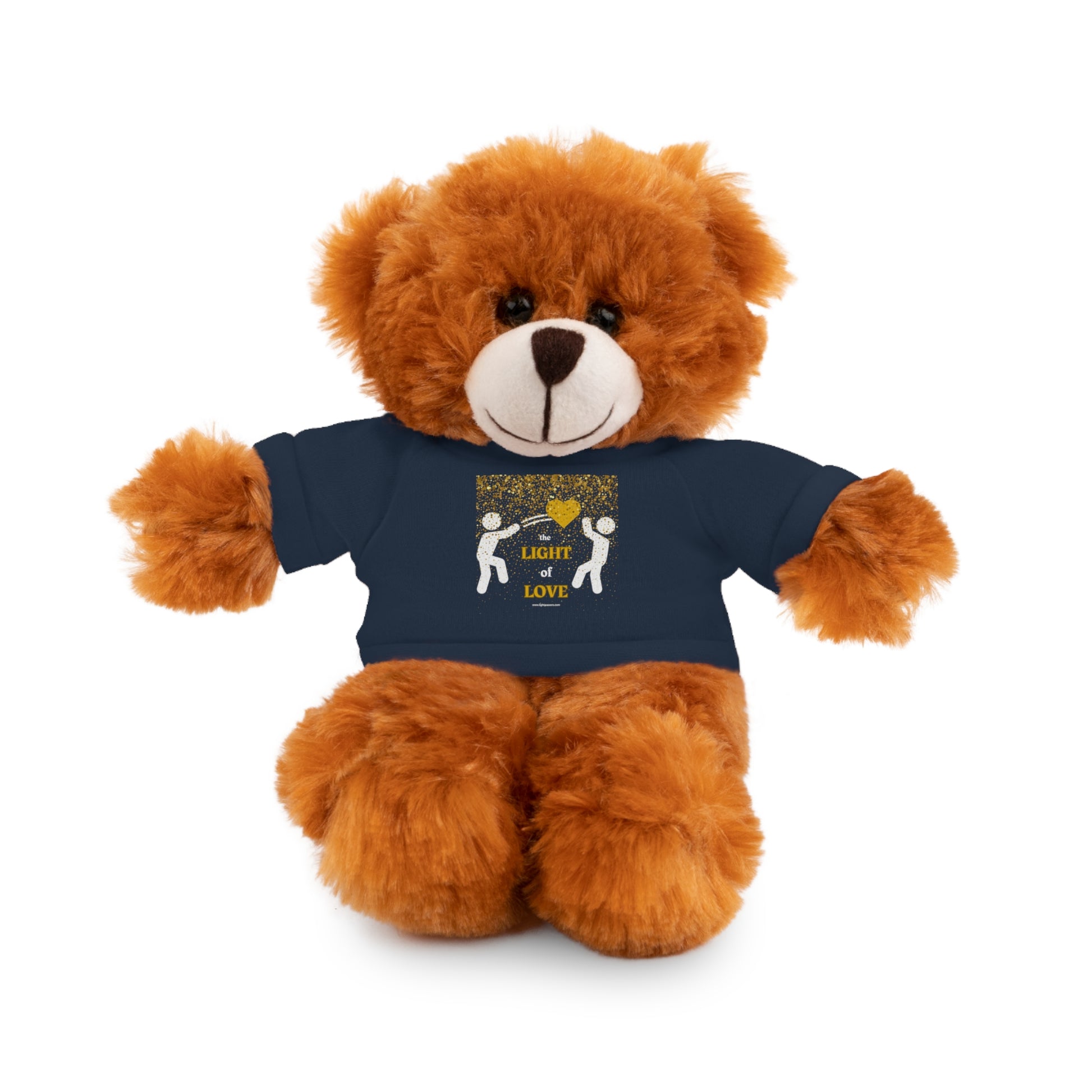 Toss the Light of Love Gold Heart: an 8 stuffed teddy bear in a blue shirt, crafted from polyester and plastic pellets, perfect for ages 3+.