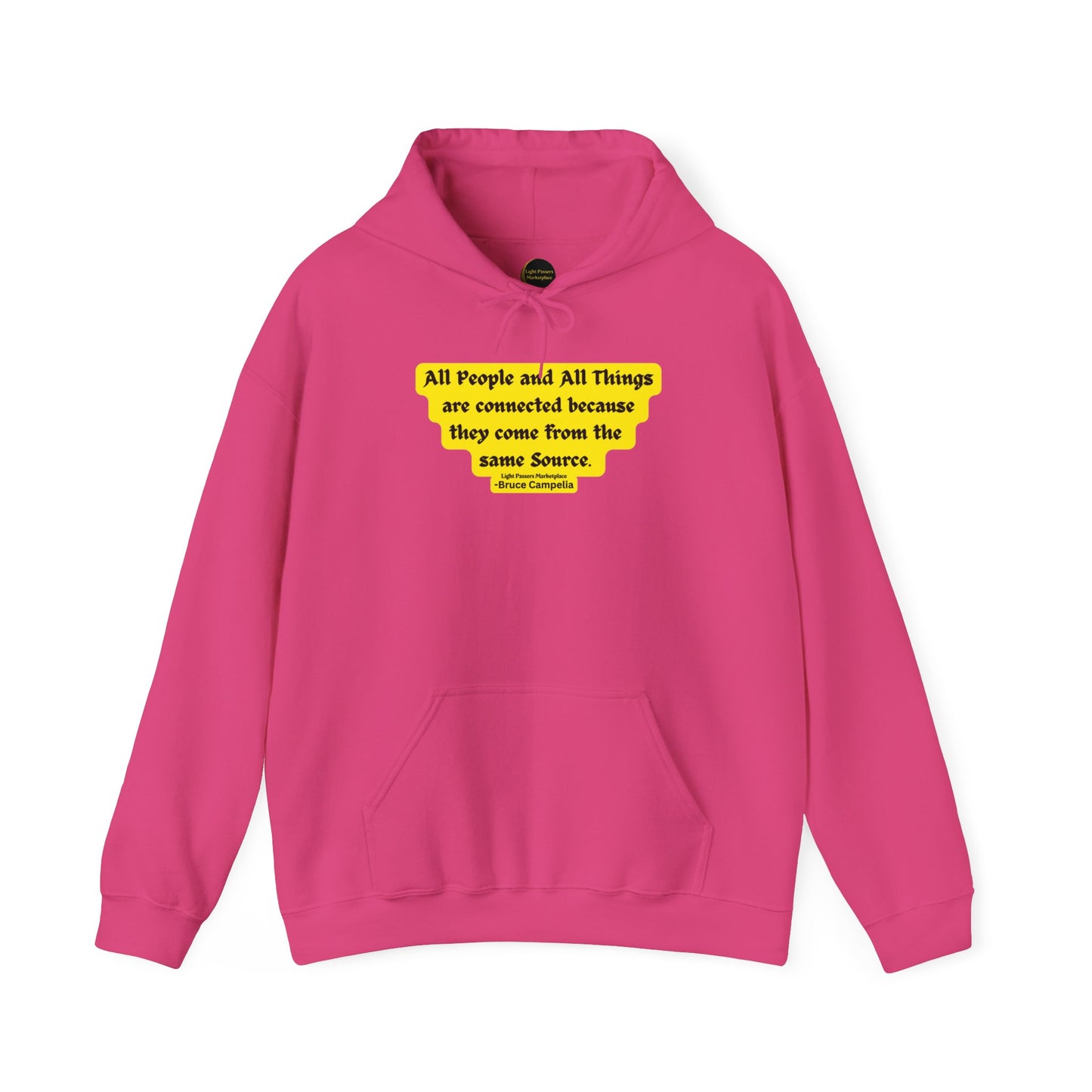 A pink hooded sweatshirt with yellow text, featuring a kangaroo pocket and color-matched drawcord. Made of 50% cotton and 50% polyester for warmth and comfort.