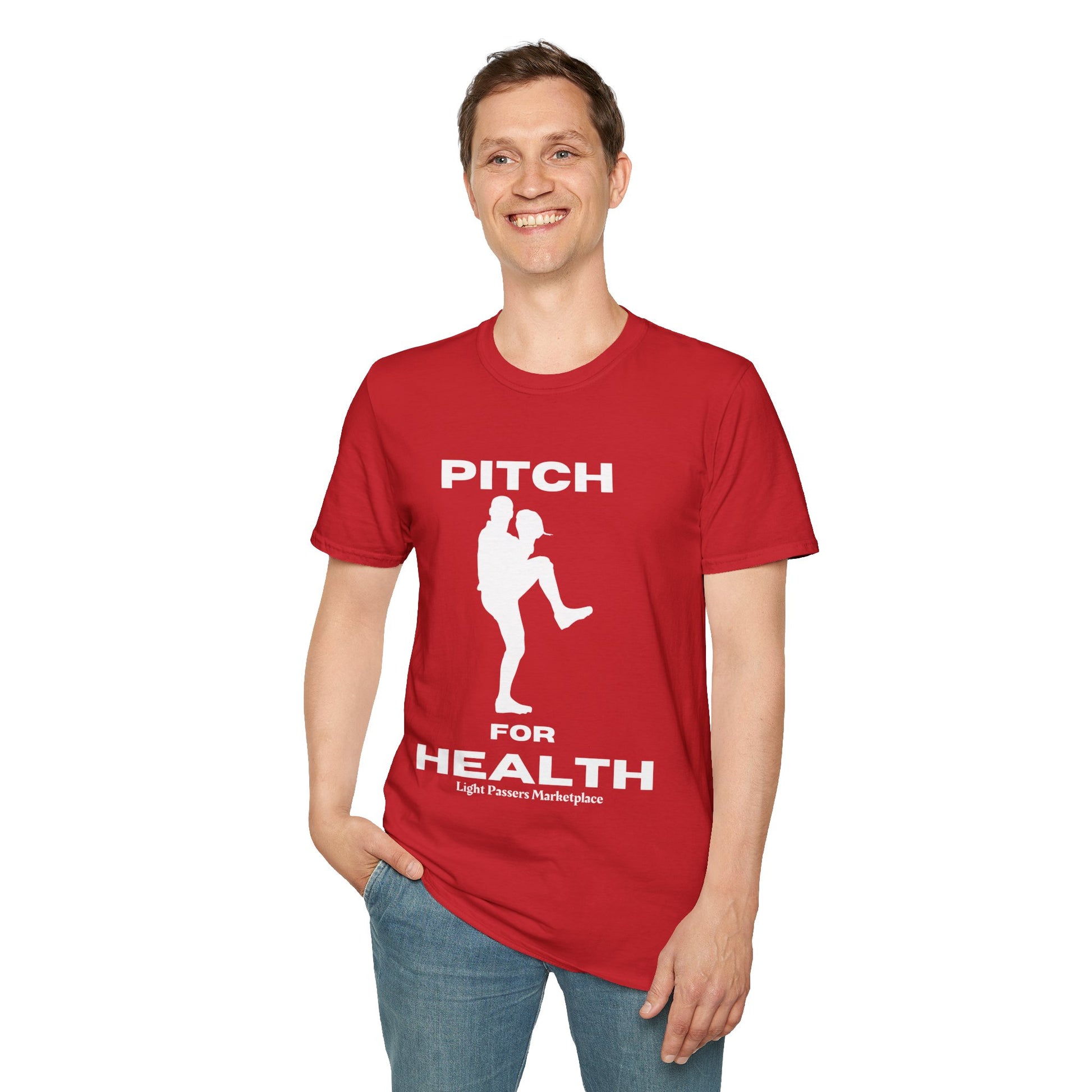 A person in a red Pitch for Health Unisex T-Shirt, showcasing a casual, comfortable style. Made of soft, durable 100% cotton with twill tape shoulders and ribbed collar.