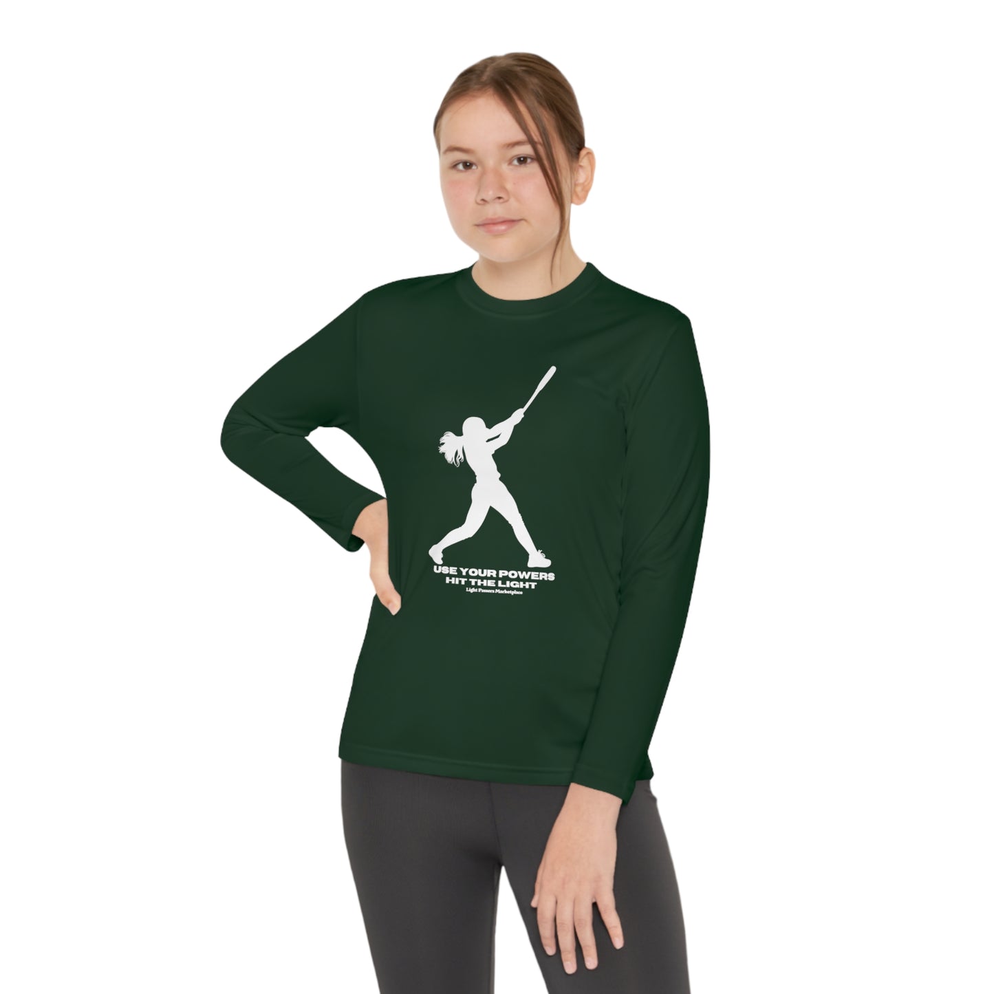 A youth long sleeve tee with a silhouette of a girl swinging a bat, made of moisture-wicking polyester. Lightweight, breathable, and ideal for active kids.