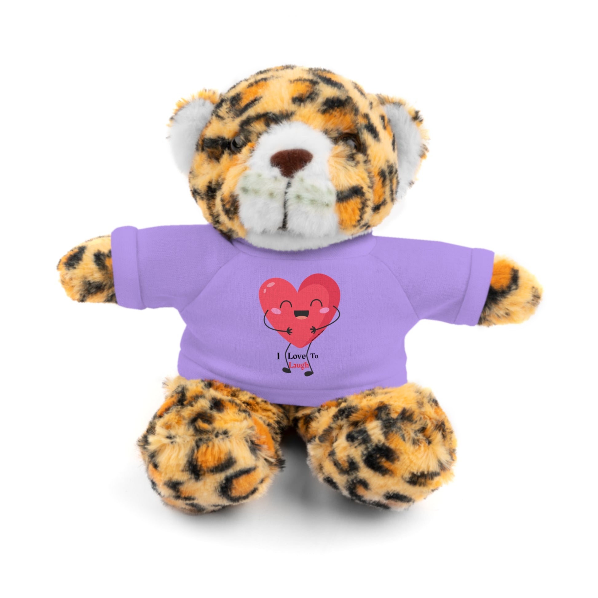 Stuffed animal tiger wearing a removable purple shirt with a heart design, part of Cool Stuff Stuffies' customizable plush collection.