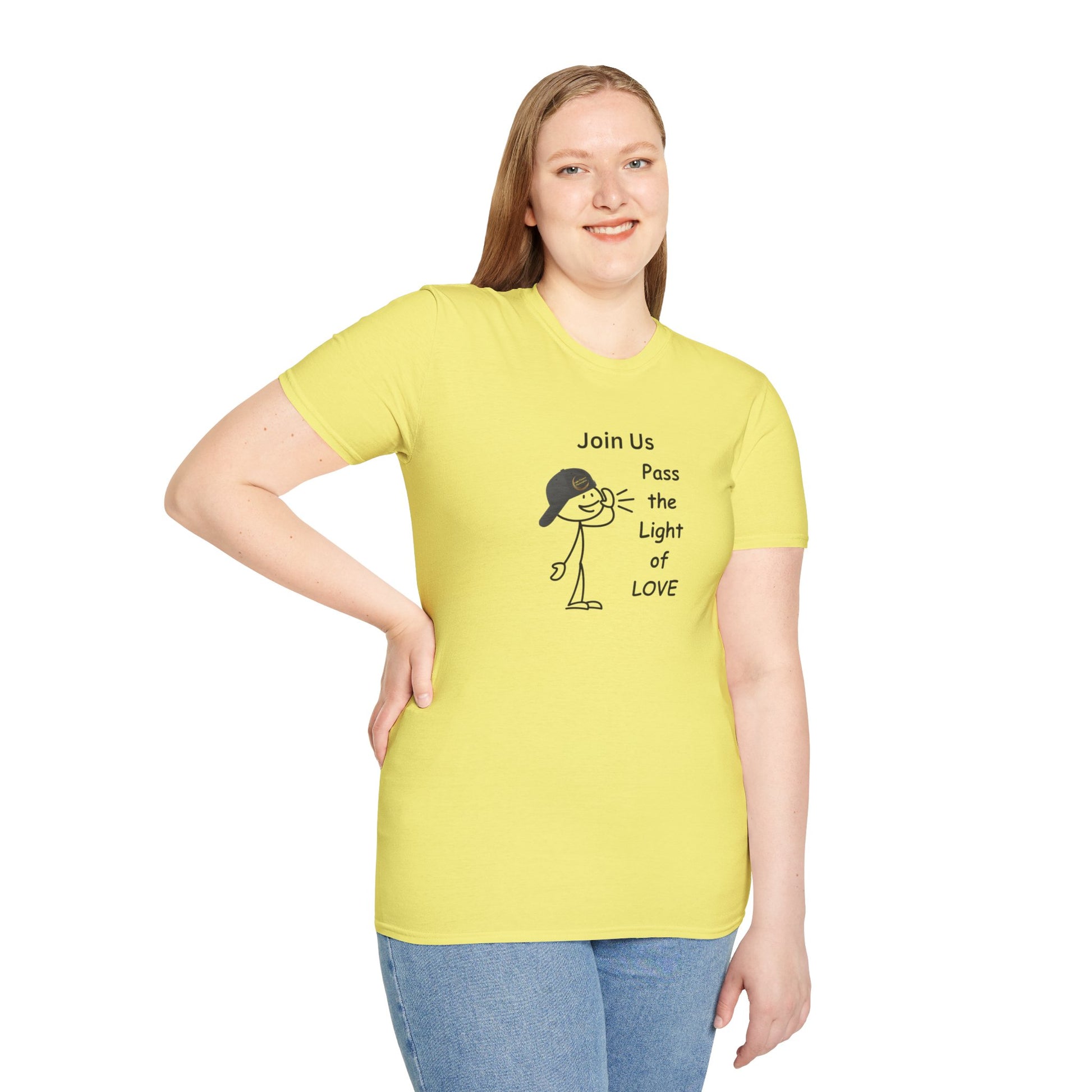 A woman in a yellow shirt poses for a picture, showcasing the Join Us Pass the Light of Love Unisex T-shirt. Classic fit, 100% cotton tee with smooth surface for premium printing.