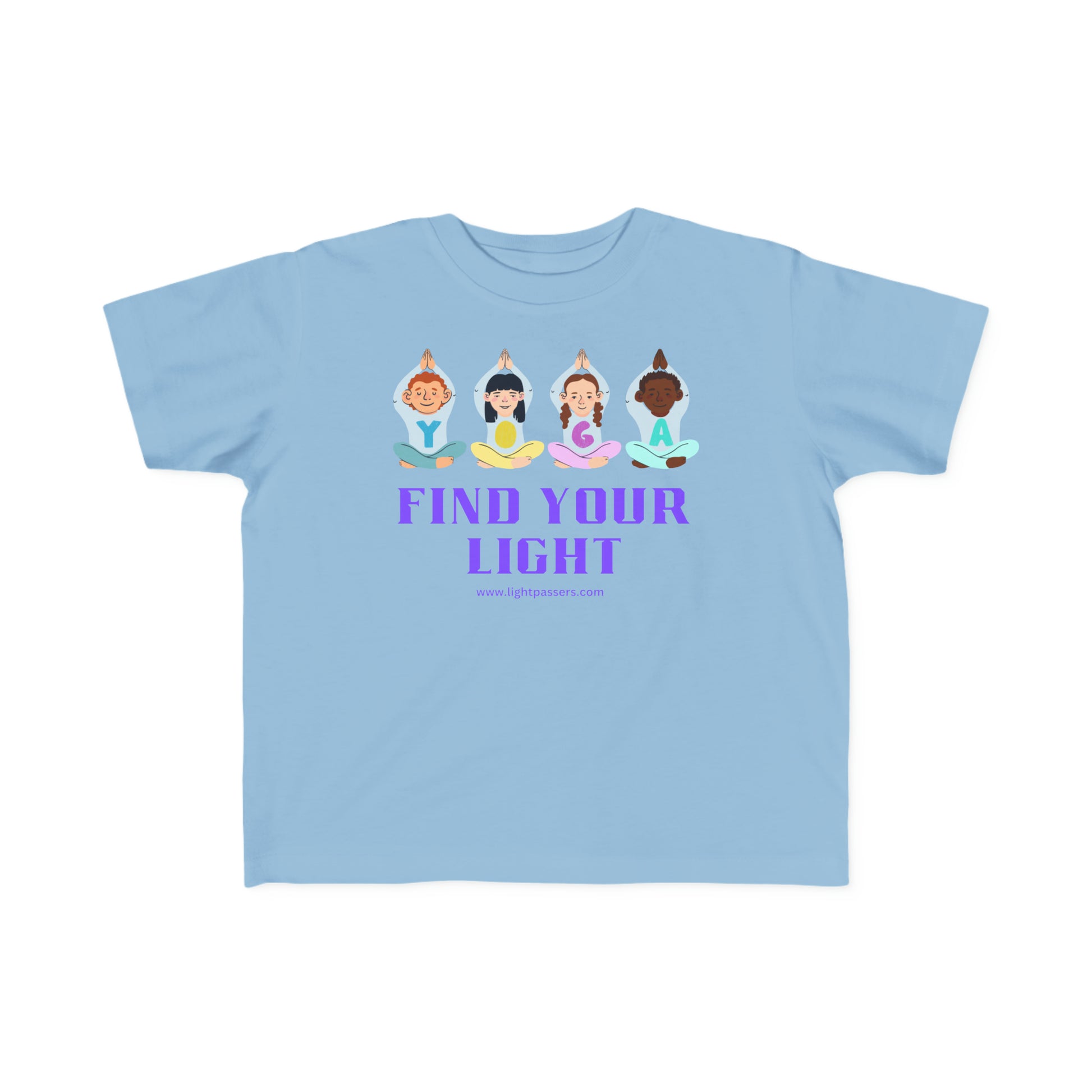 A toddler's blue t-shirt featuring cartoon kids in yoga poses. Made of soft, 100% combed cotton with a durable print. Ideal for sensitive skin and first adventures.