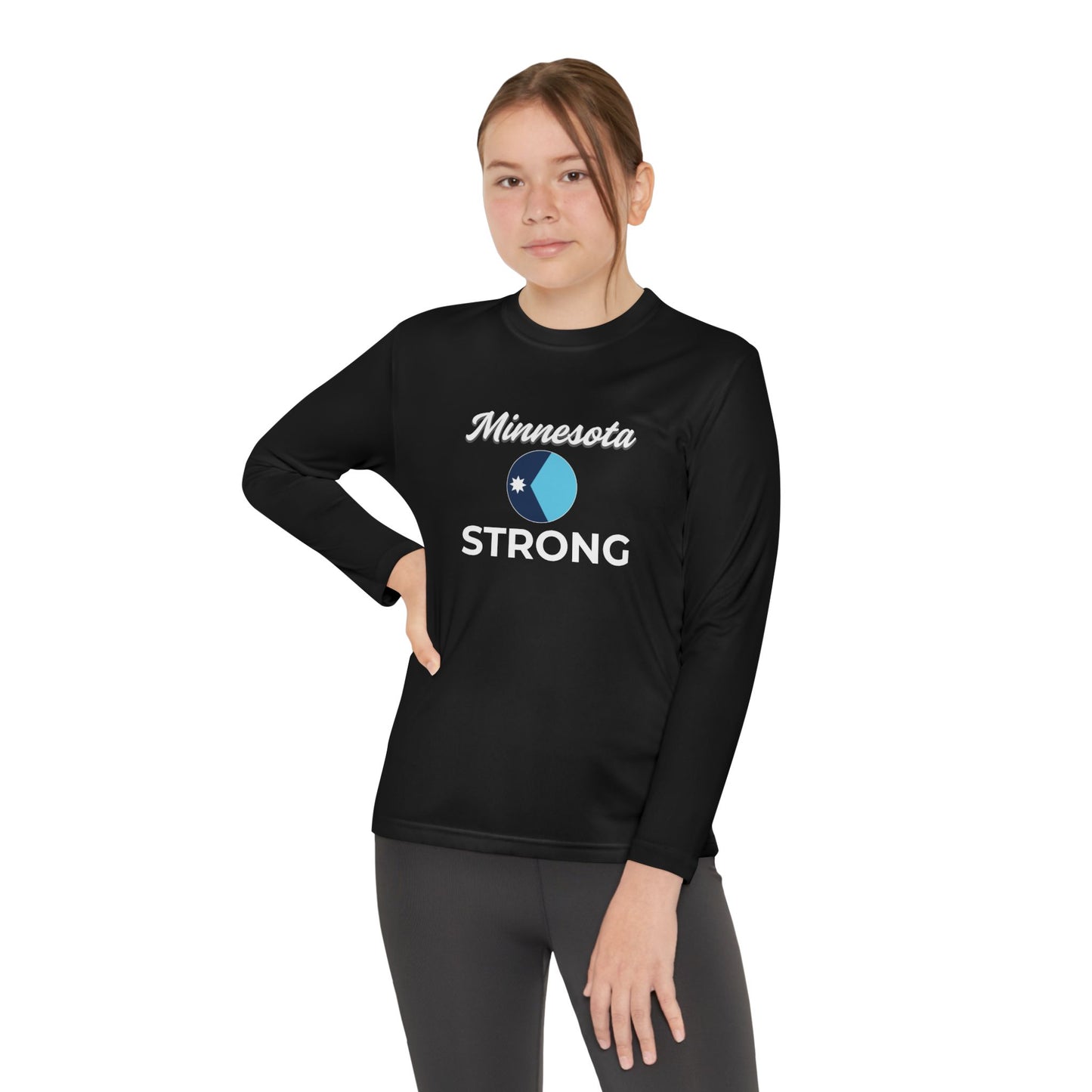 Youth wearing Love and Peace The Light Youth Minnesota Strong Long Sleeve Tee — Defend Democracy, embodying active spirit and civic dedication.