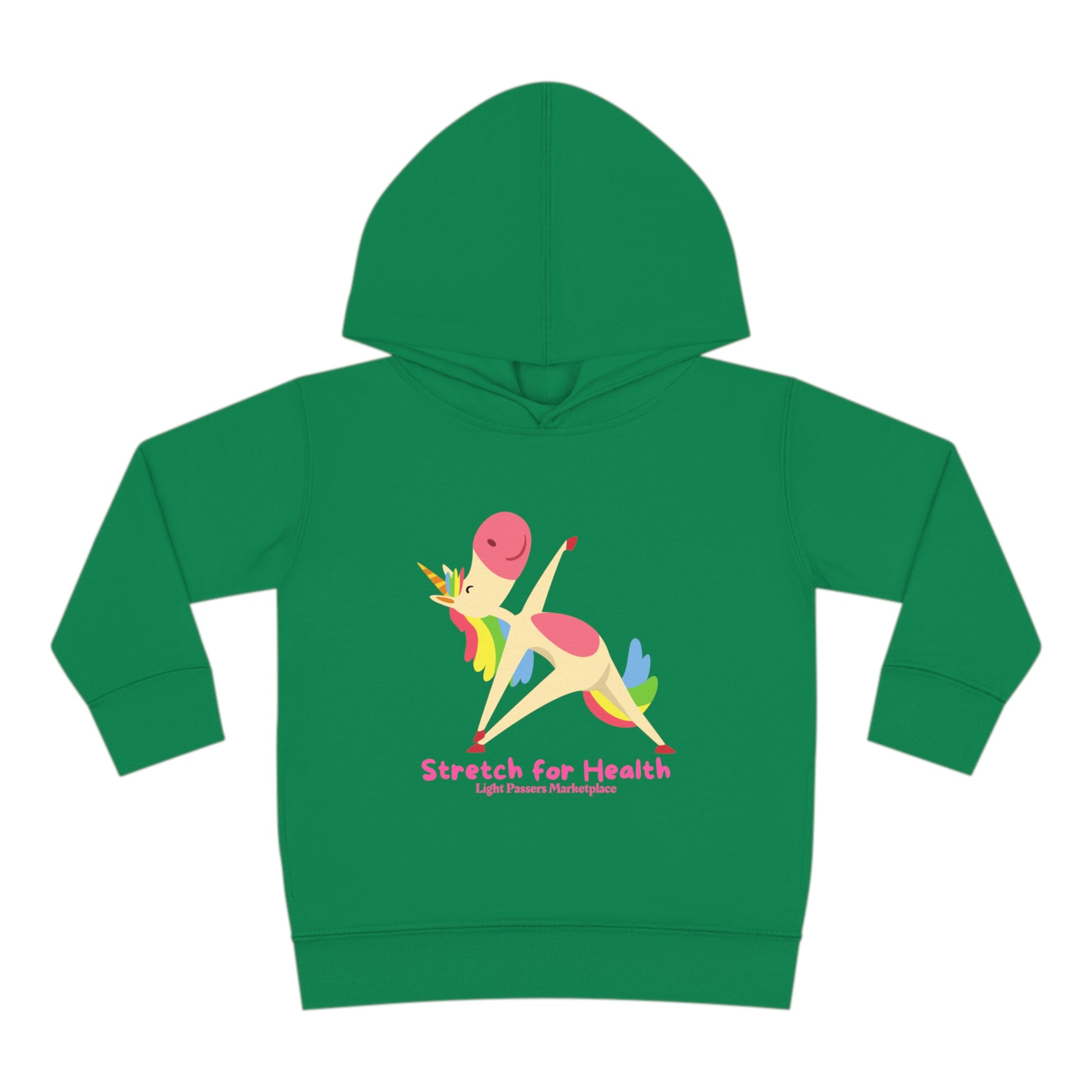 A Rabbit Skins toddler hoodie featuring a unicorn stretching cartoon design. Jersey-lined hood, side seam pockets, and durable construction for cozy comfort.