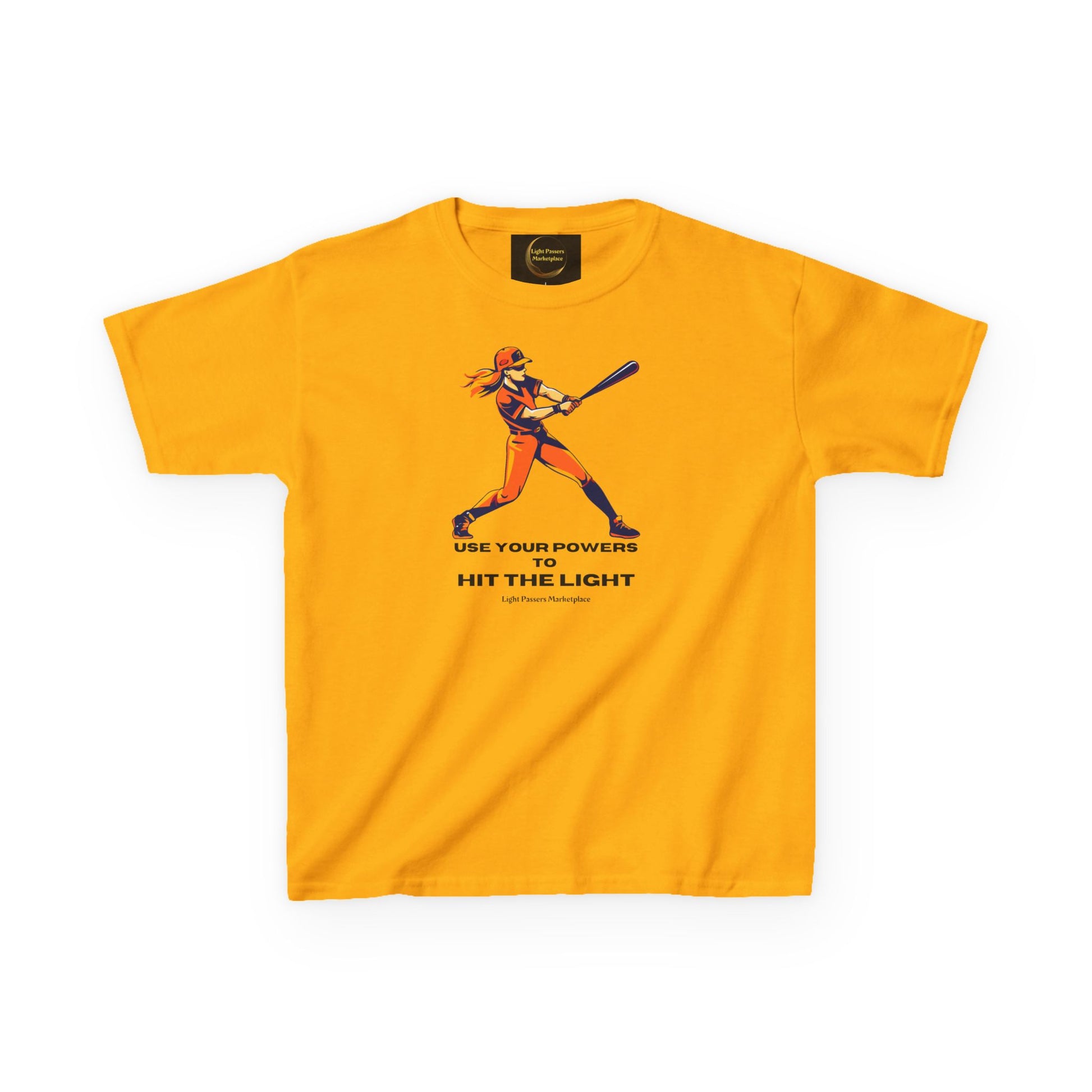 Youth T-shirt featuring a baseball player graphic with USE YOUR POWERS TO HIT THE LIGHT, from Light Passers Marketplace, on a golden-yellow background.