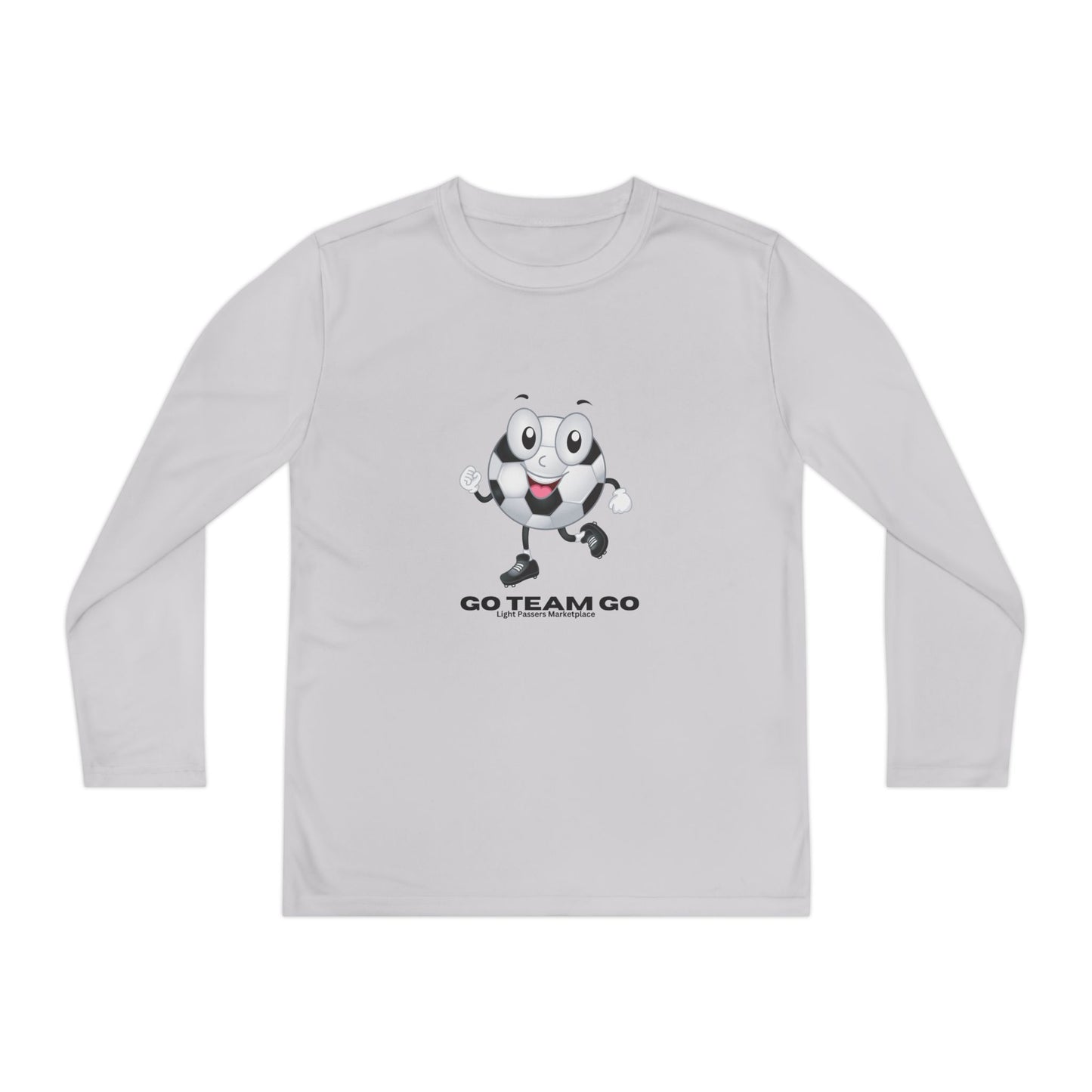 Youth Long Sleeve Soccer Ball Guy Go Team Go featuring a cartoon soccer ball character with glasses and cleats, perfect for energetic young sports fans.