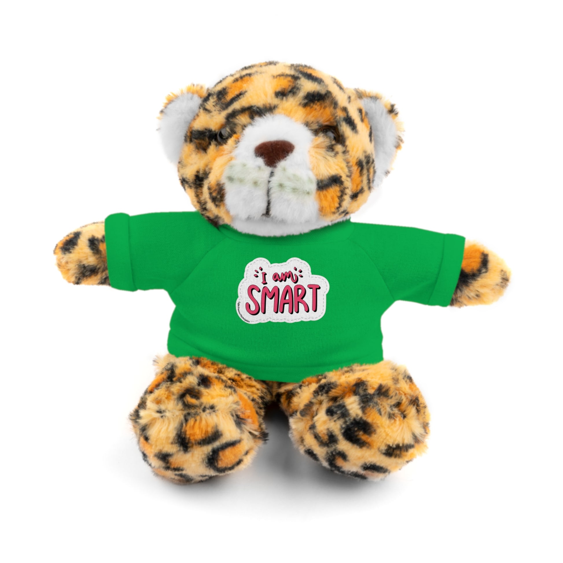 Stuffed animal wearing a green I am Smart T-shirt, part of the Cool Stuff Stuffies collection featuring educational plush toys for kids.