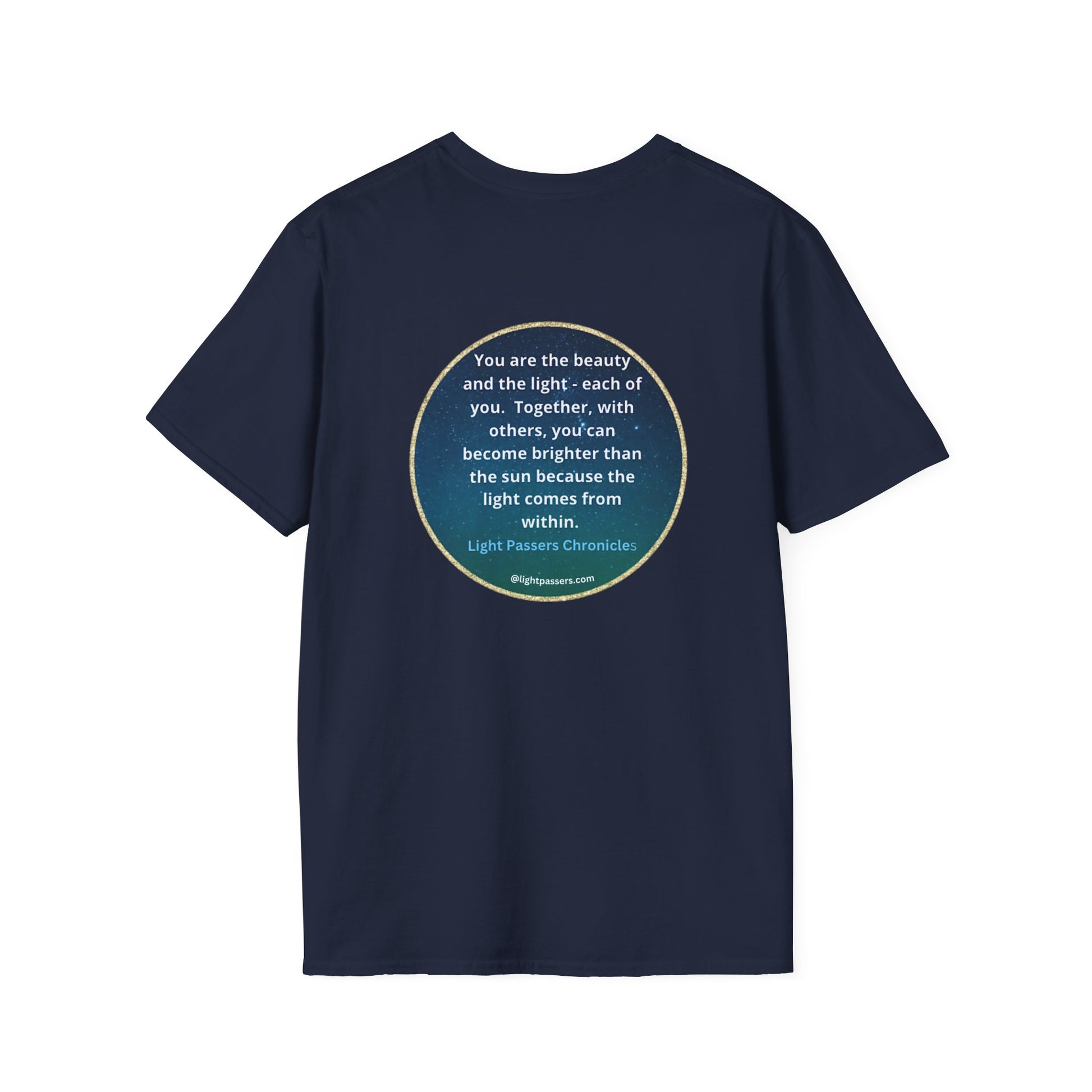 Unisex heavy cotton tee with a back blue circle logo and front text. Smooth surface for vivid printing, no side seams, and tape for durability. Classic fit, 100% cotton.