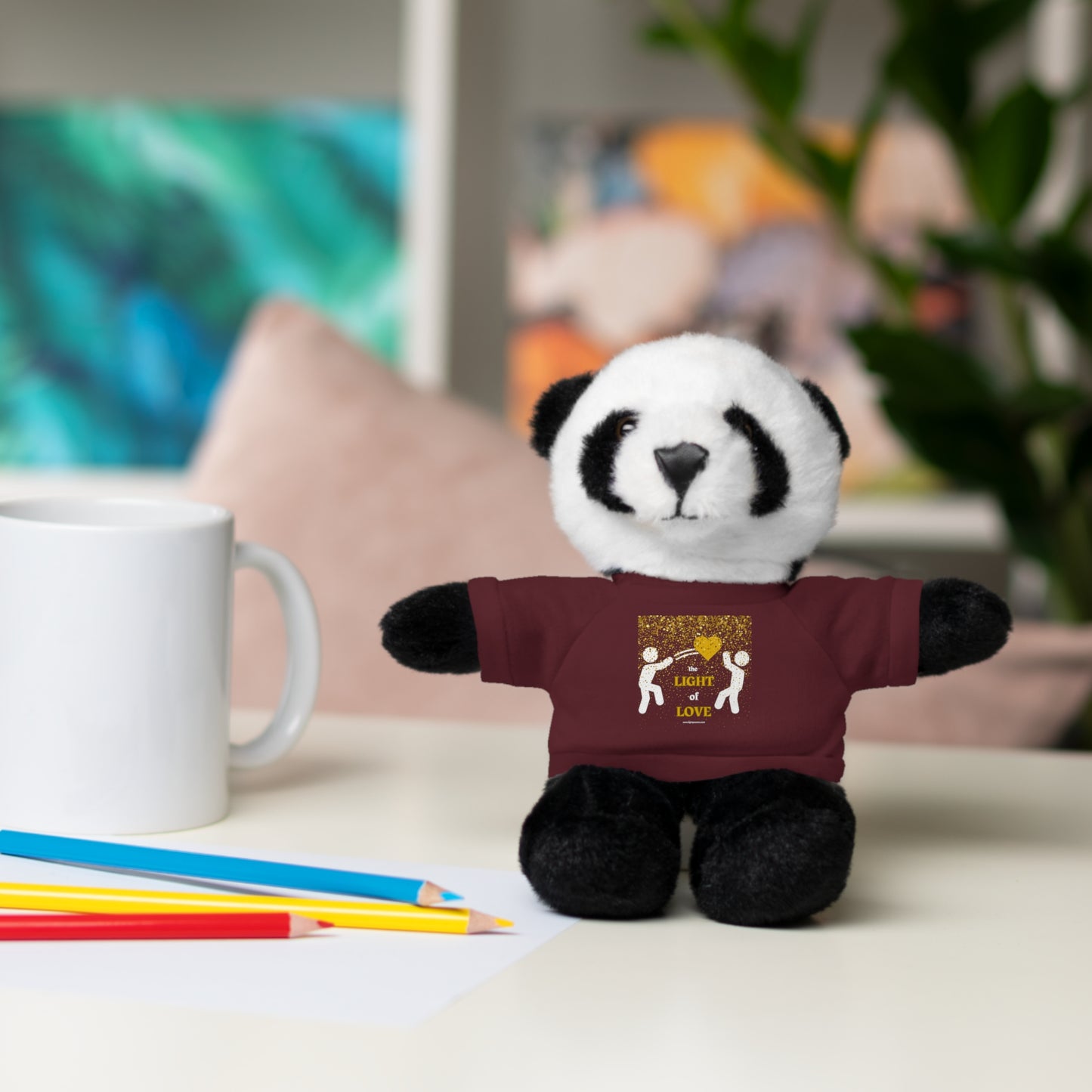 Stuffed panda bear wearing a customizable tee, part of Toss the Light of Love Gold Heart 6 animals, 8 tall Cool Stuff Stuffies collection.