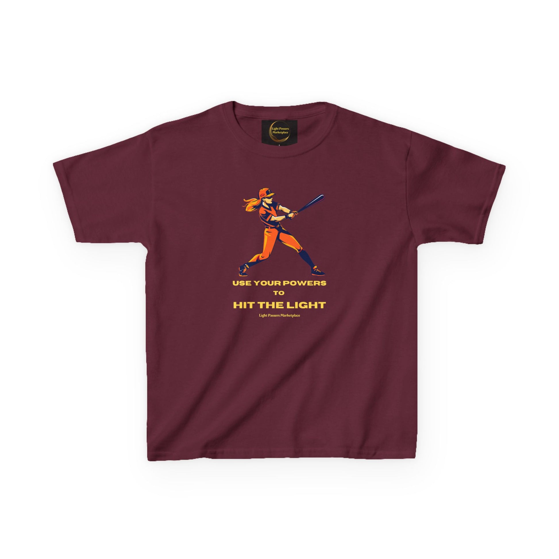 Maroon Teams Girl Hit the Light youth T-shirt with a softball player illustration and inspirational slogan, ideal for daily wear with durable, ethically-made cotton.