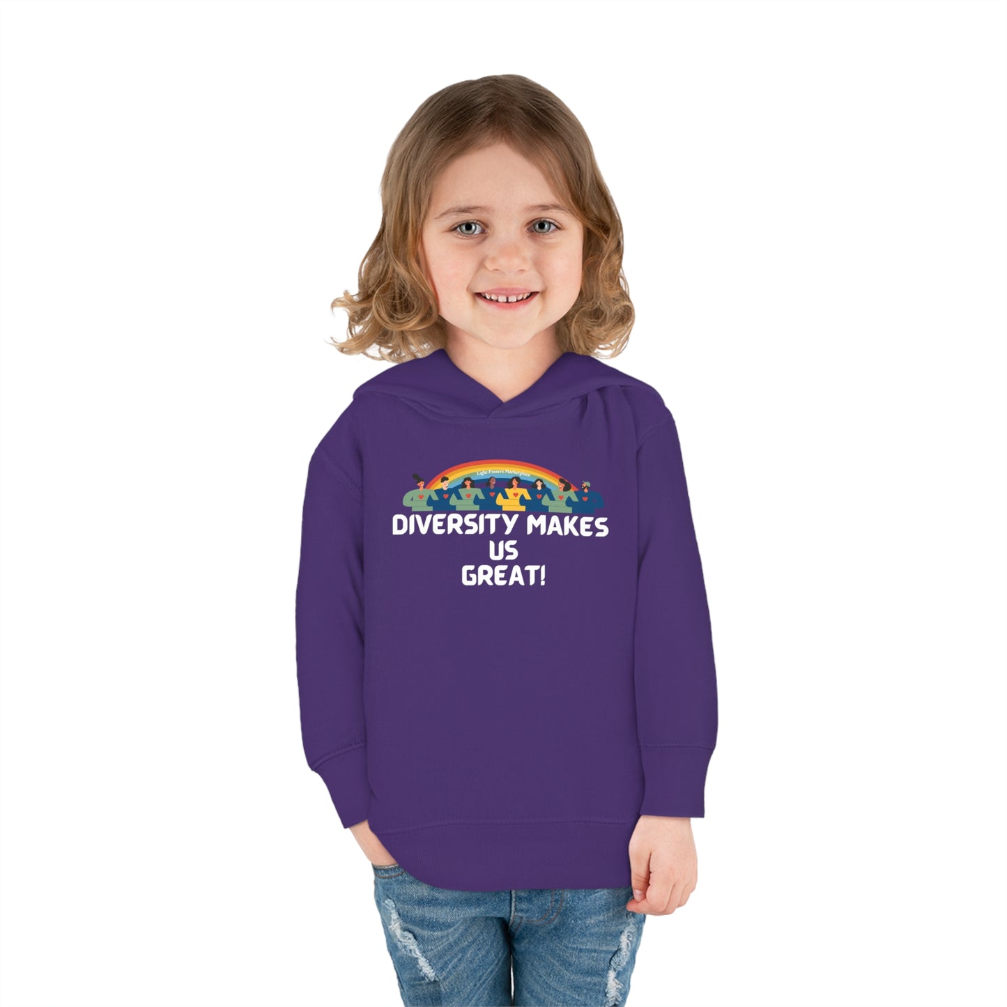 A smiling child in a purple Rabbit Skins toddler hoodie with side seam pockets, double-needle hem hood, and cover-stitched details for durability and comfort.