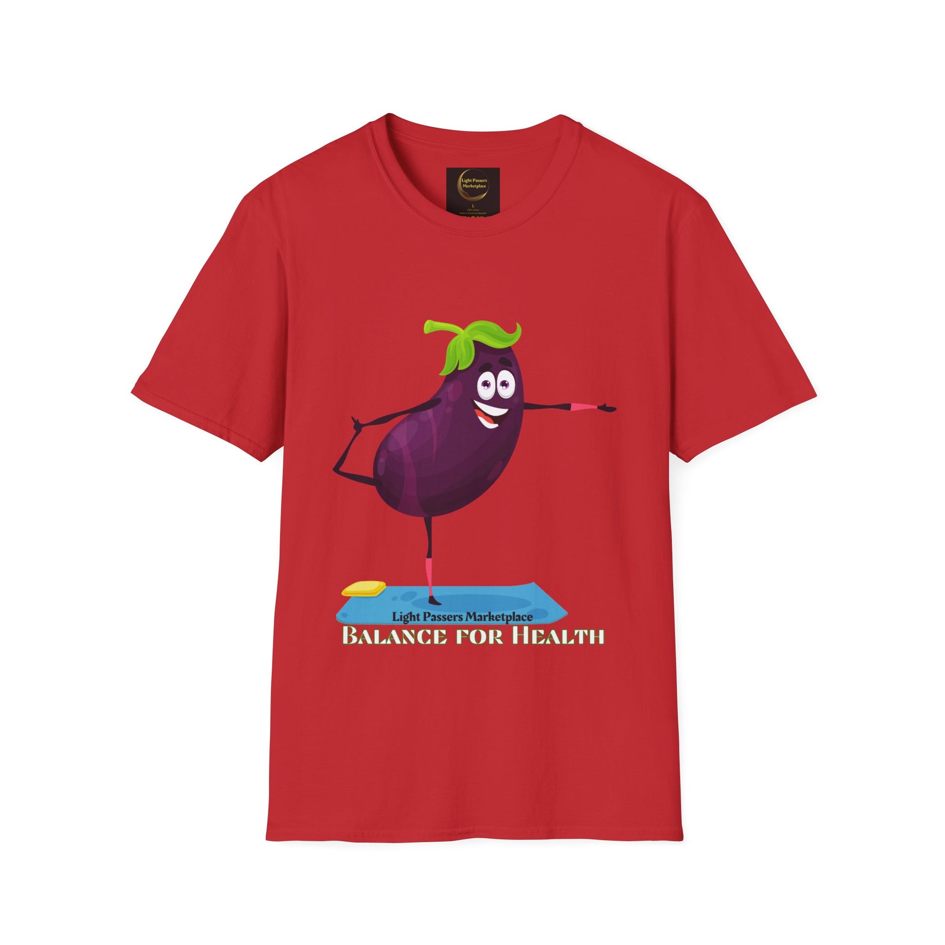 A red unisex t-shirt featuring a cartoon eggplant design. Made of soft 100% ring-spun cotton, with twill tape shoulders and a ribbed collar. Ethically produced by Gildan.