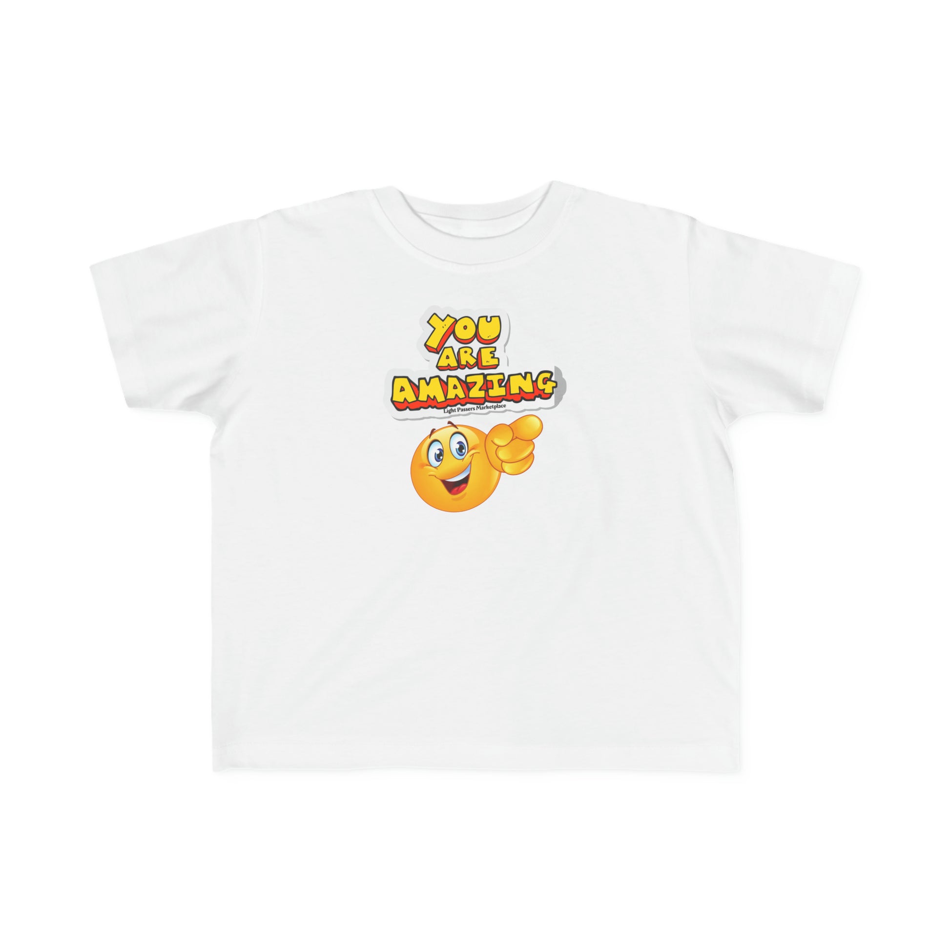 A white toddler tee featuring a cartoon face pointing, with a durable print perfect for sensitive skin. Made of 100% combed cotton, light fabric, tear-away label, and a classic fit.