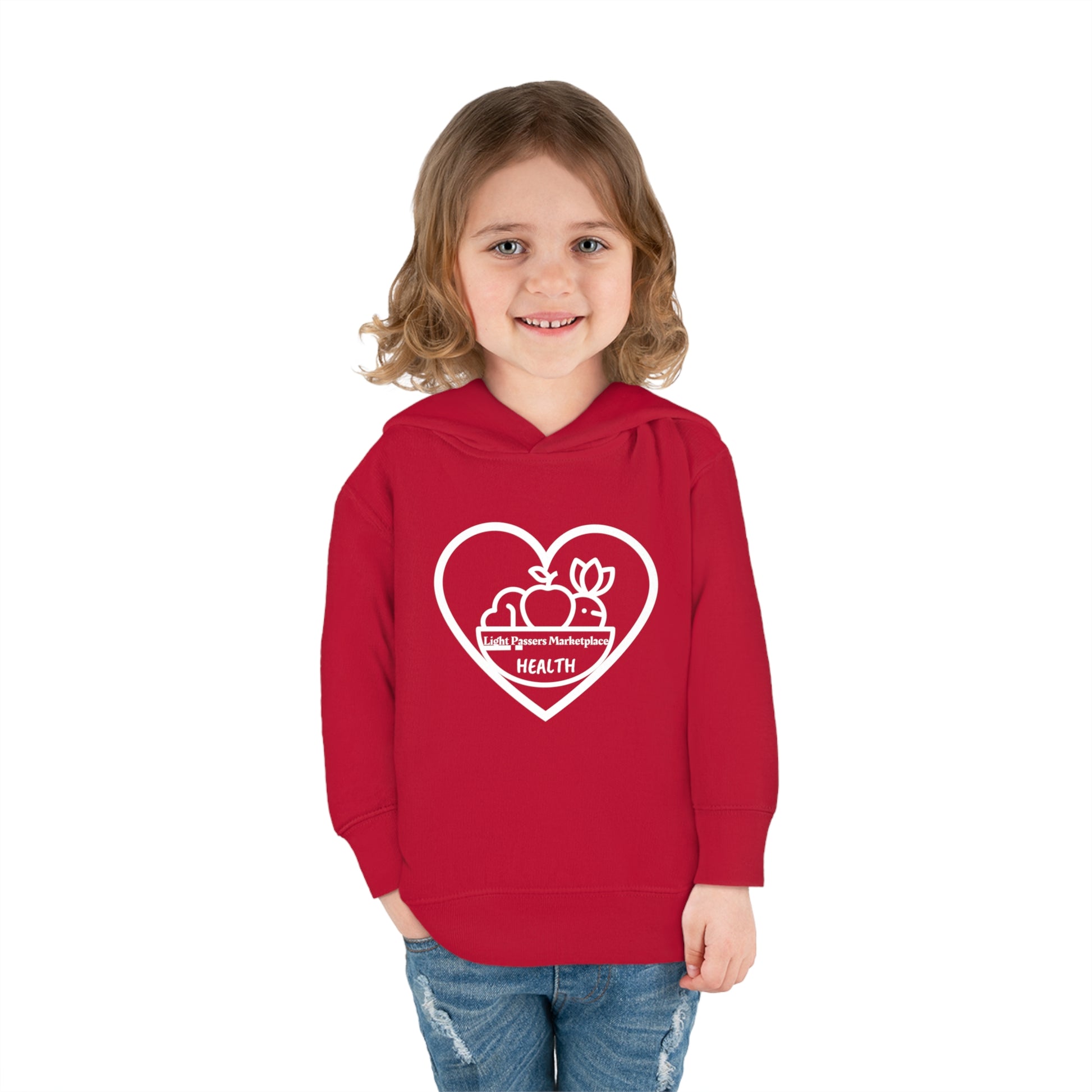 A smiling toddler in a red hoodie with side seam pockets. Features jersey-lined hood, cover-stitched details, and durable cotton-polyester blend for cozy wear.