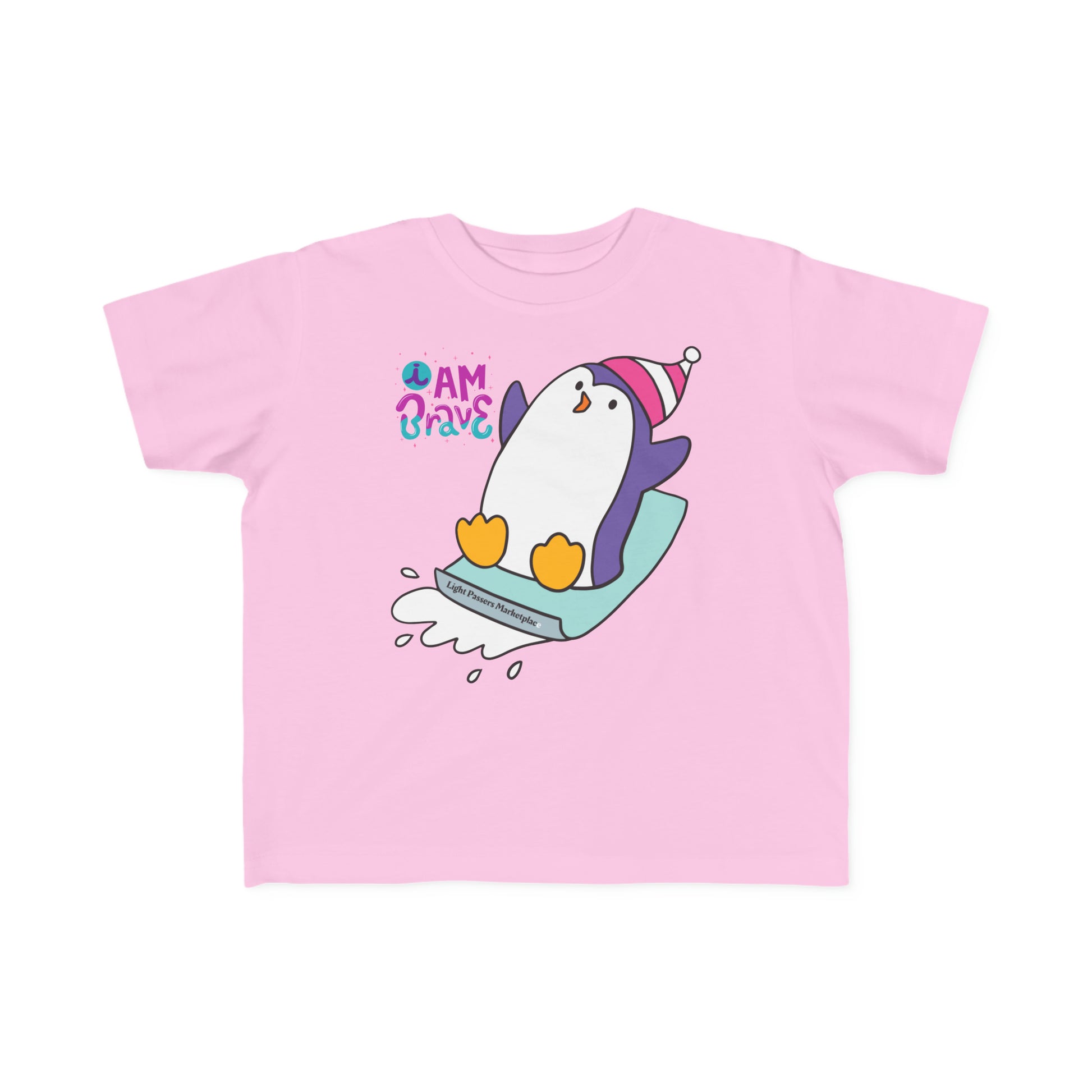 A toddler tee featuring a brave penguin cartoon print, ideal for sensitive skin. Made of 100% combed cotton, light fabric, tear-away label, and a classic fit.