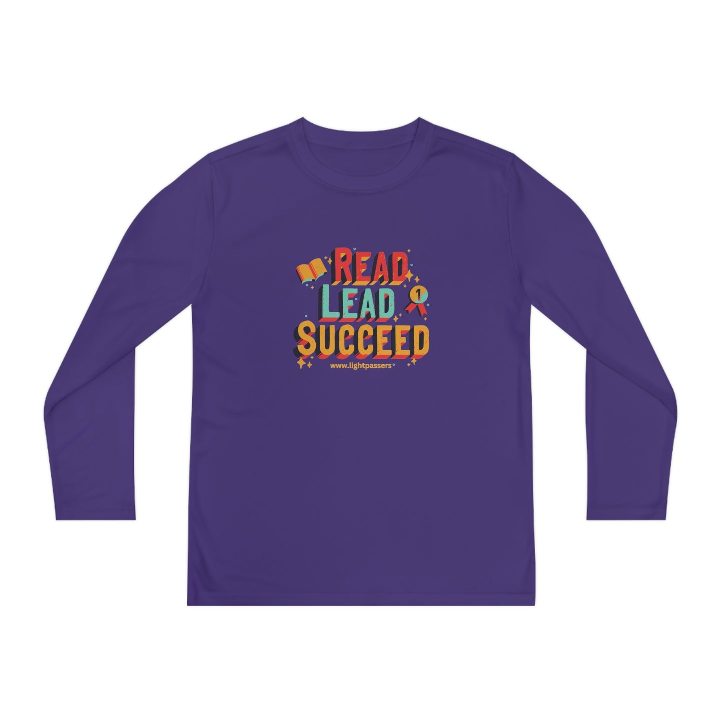 Long Sleeve Read Lead and Succeed Youth T-Shirt with colorful text, featuring moisture-wicking fabric and athletic fit for active kids. Ideal for students and book lovers.