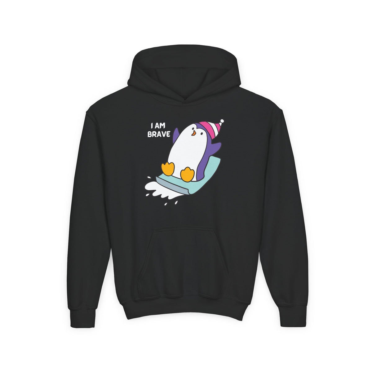 Brave Penguin Youth Hoodie – Cute Sledding Penguin "I Am Brave" Kids Sweatshirt