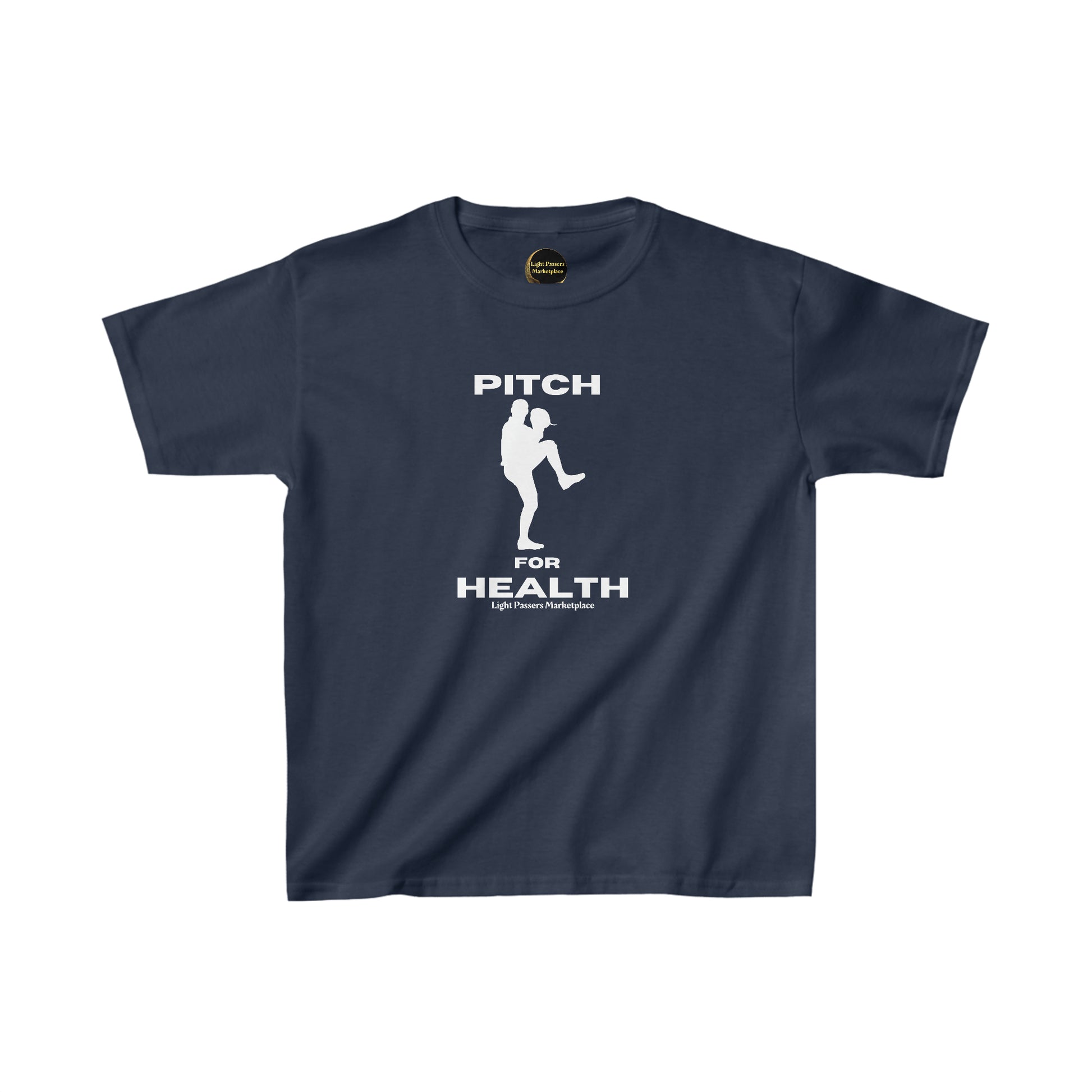 Youth cotton t-shirt with logo, baseball player image, and durable twill tape shoulders. Made of 100% US cotton, ribbed collar, tear-away labels, and ethical production.