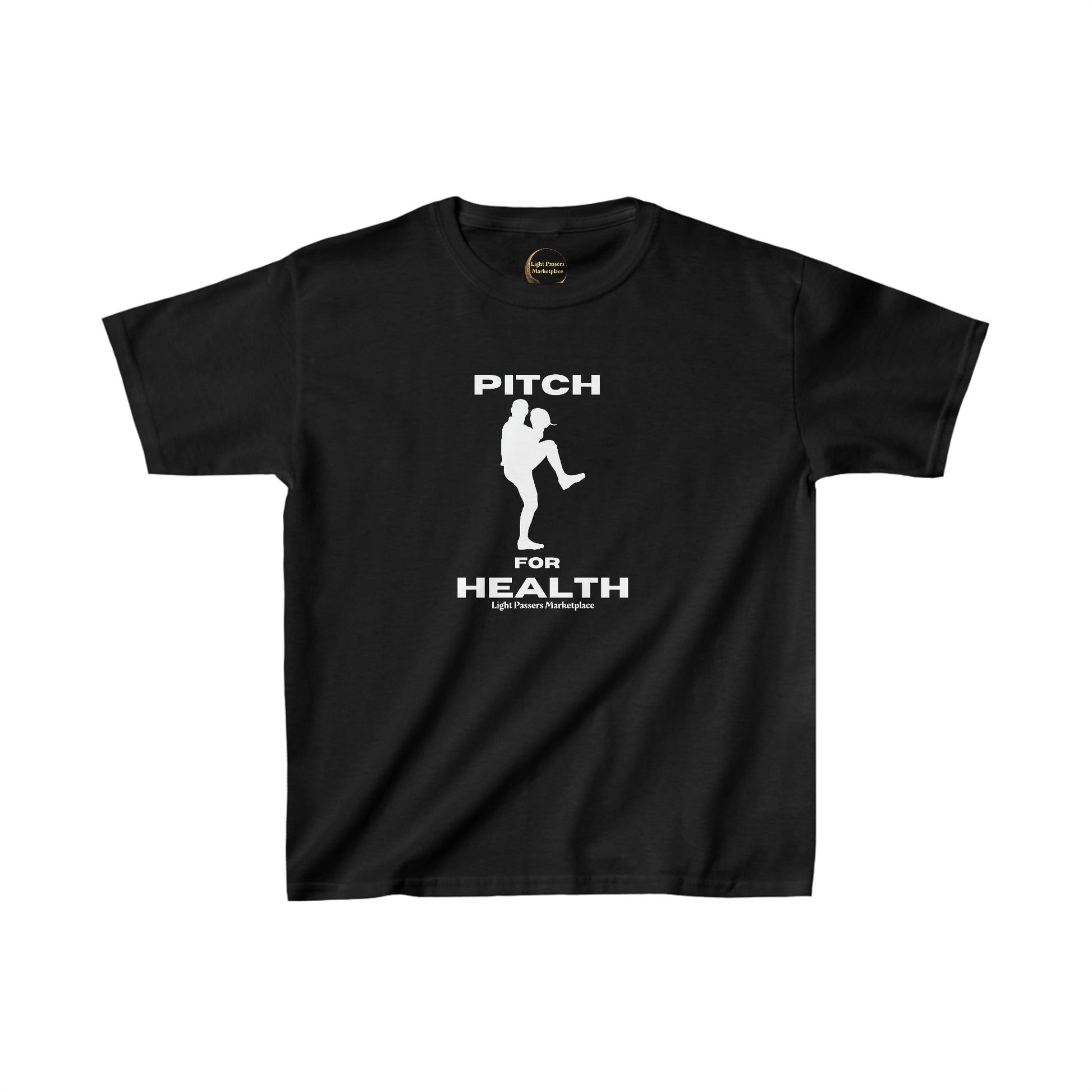 A black youth cotton t-shirt featuring white text, ideal for everyday wear. Made with 100% US cotton, twill tape shoulders, and ribbed collar for durability and comfort. Ethically sourced and Oeko-Tex certified.