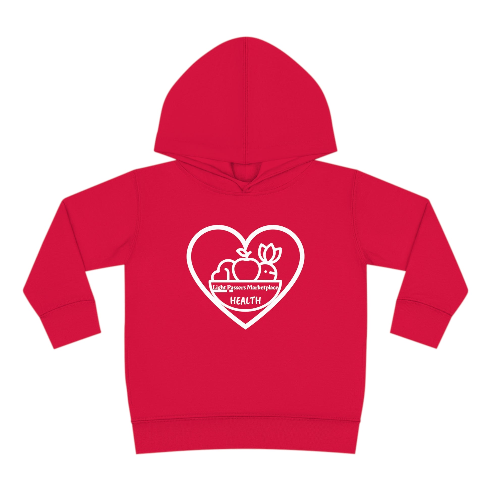 A personalized toddler hoodie featuring a heart and apple logo, with a jersey-lined hood and side seam pockets for durability and coziness. Made of 60% cotton, 40% polyester blend.