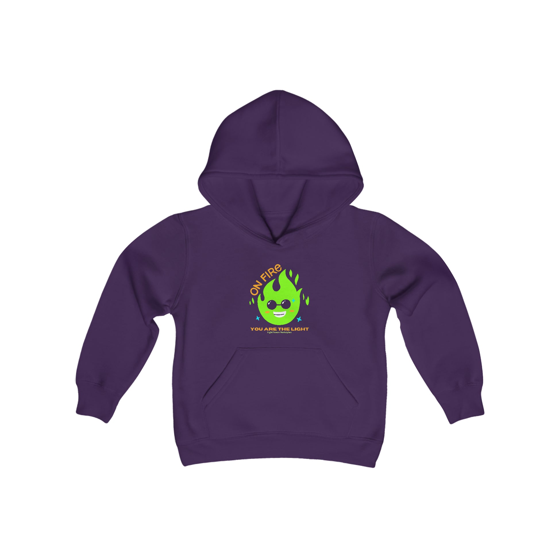 Youth hooded sweatshirt featuring a green fire face design, kangaroo pocket, and twill taping. Made of soft 50% cotton, 50% polyester blend for comfort and print quality.