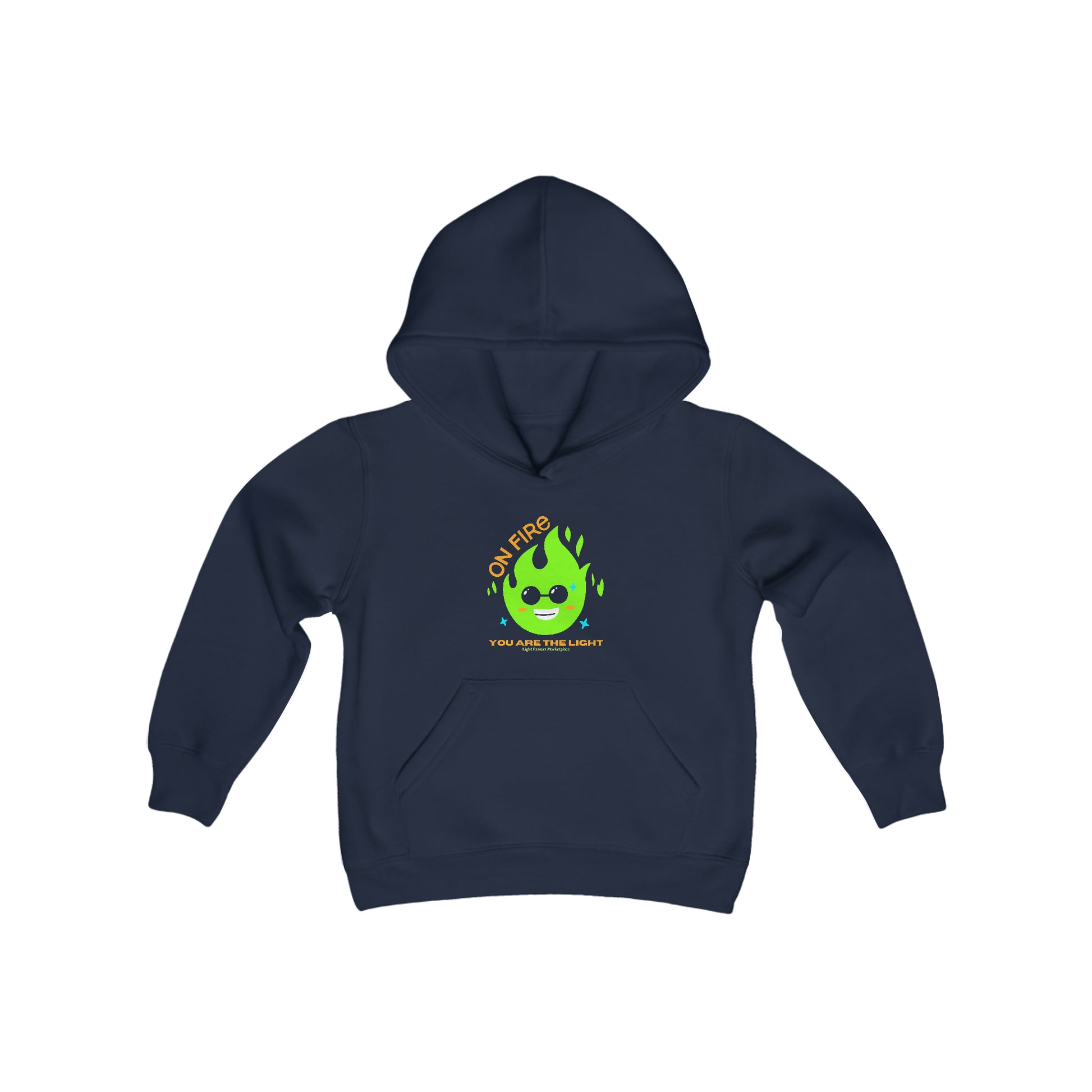 Youth hooded sweatshirt with a green flame design, kangaroo pocket, and twill taping. 50% cotton, 50% polyester blend for softness and reduced lint. Regular fit, 7.75 oz fabric.