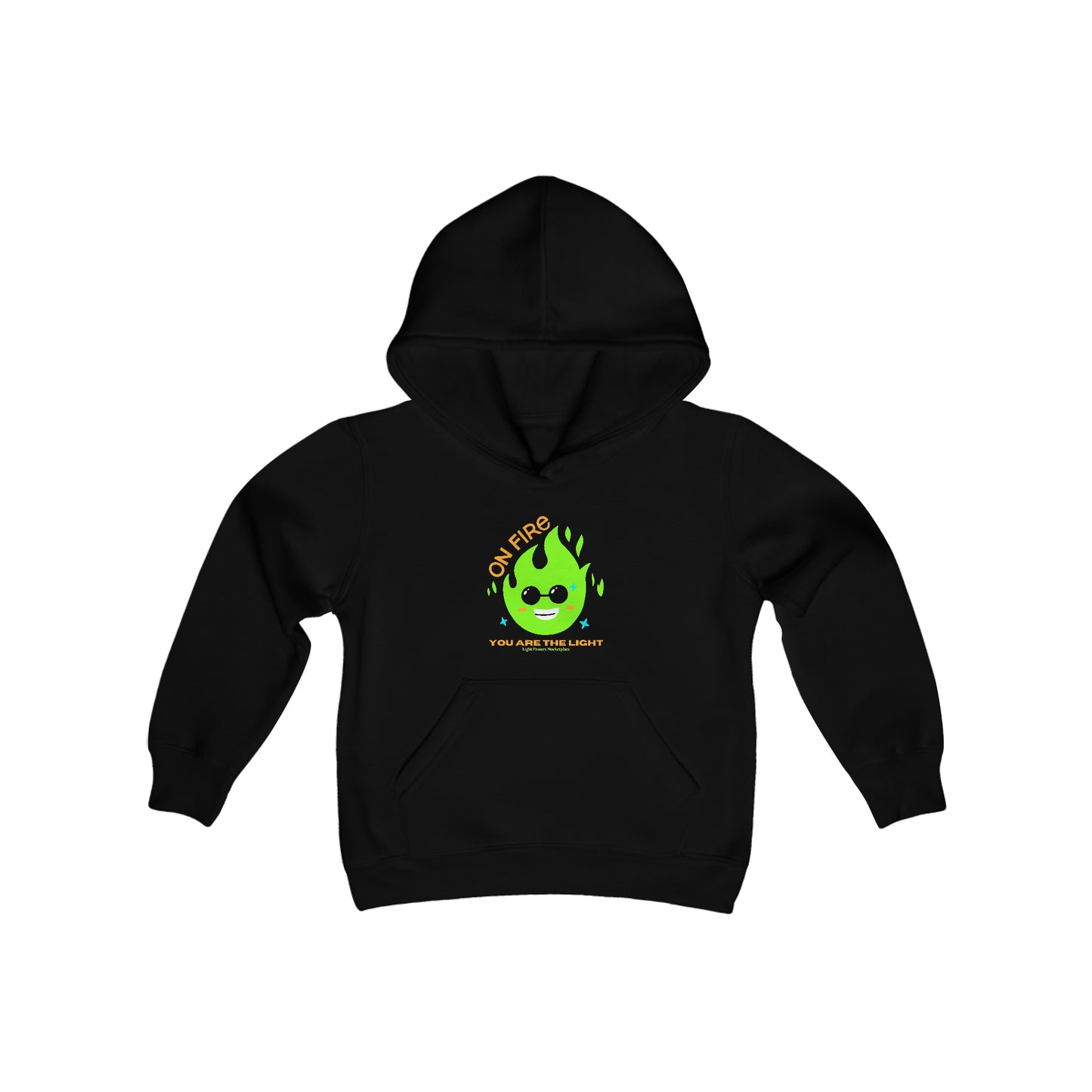 Youth hooded sweatshirt with a green flame design, kangaroo pocket, and twill taping. Made of soft, preshrunk 50% cotton, 50% polyester fleece. Ideal for comfortable wear and printing.