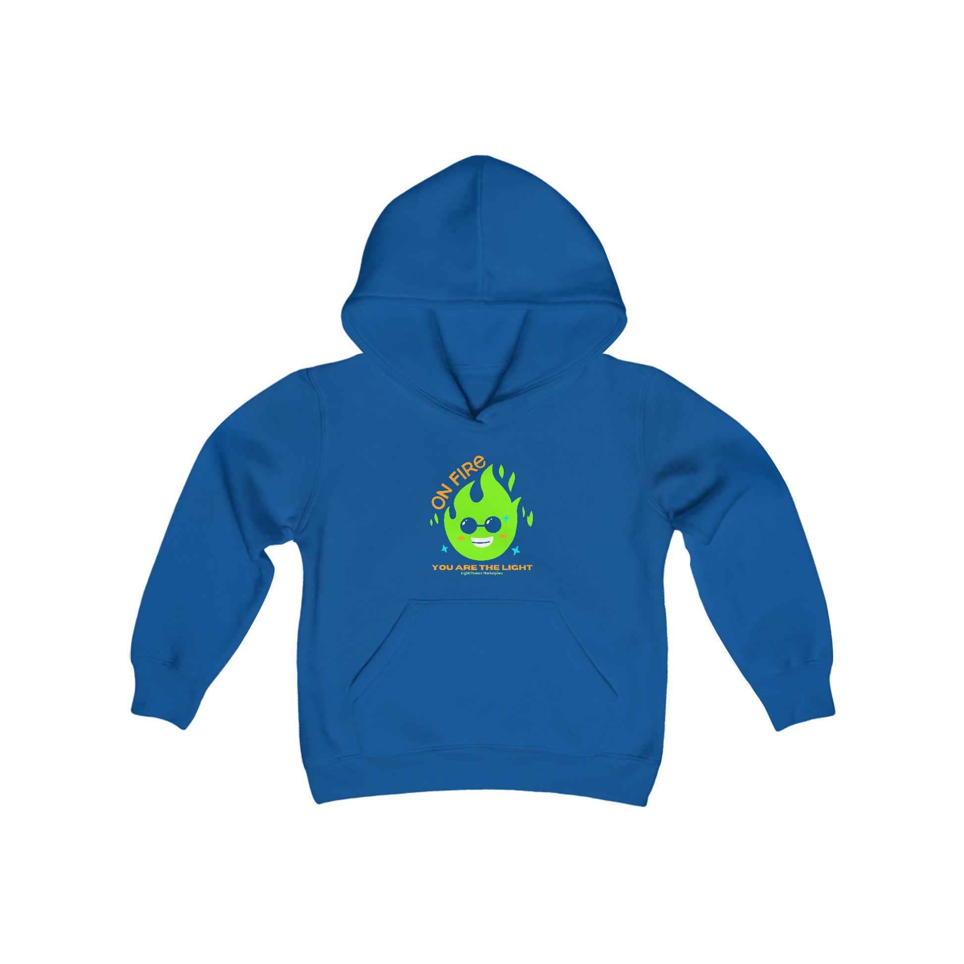 Youth hooded sweatshirt with a flame logo, kangaroo pocket, and twill taping. 50% cotton, 50% polyester blend, soft fleece fabric. Ideal for printing.