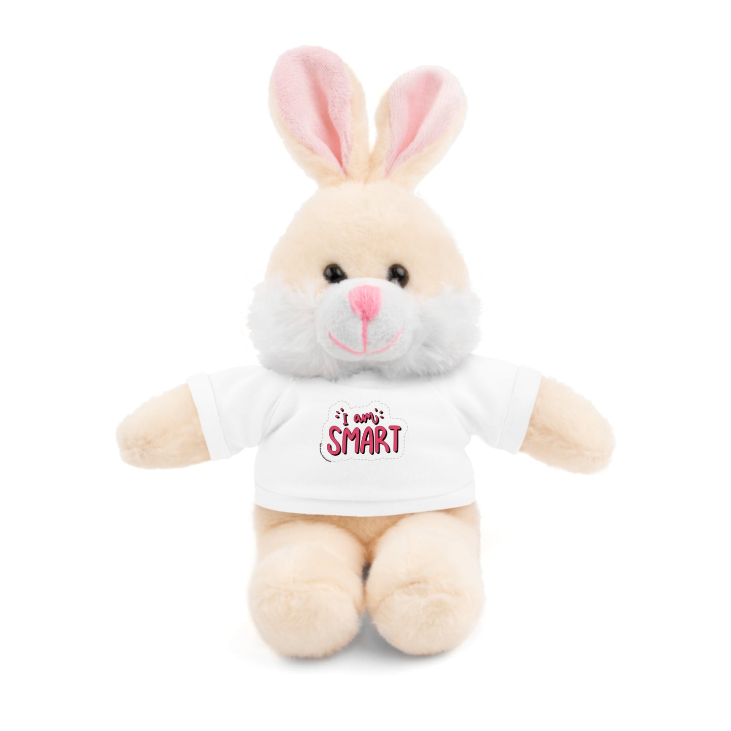 Stuffed animal rabbit wearing a white 'I am Smart' T-shirt, part of the Cool Stuff Stuffies collection of educational plush toys.