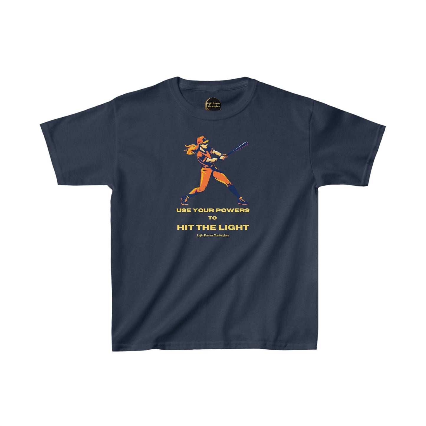 A blue youth t-shirt featuring a baseball player design, perfect for everyday wear. Made of 100% cotton with added polyester for heather variants, ensuring durability and comfort. Ethically sourced US cotton.