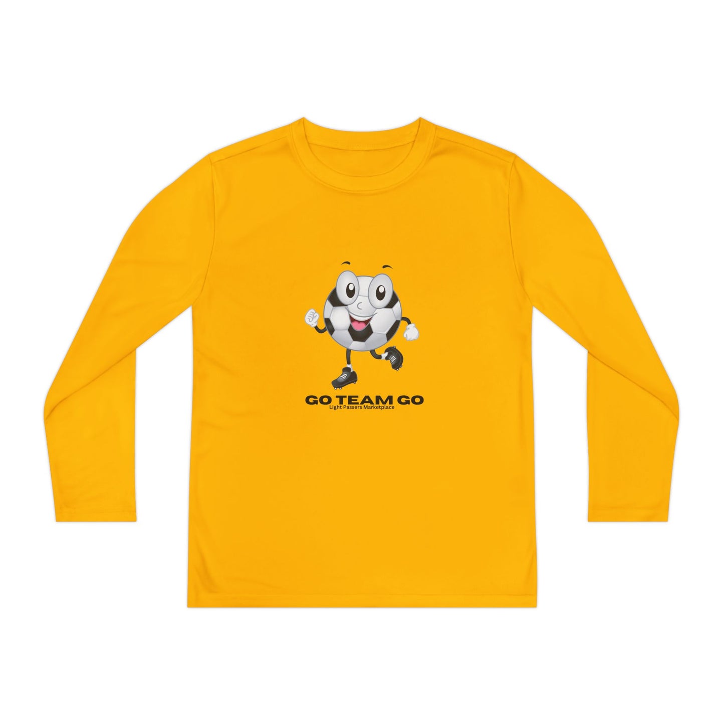 Youth Long Sleeve Soccer Ball Guy Go Team Go shirt featuring a cartoon soccer ball character with a sporty slogan, ideal for energetic young sports fans.