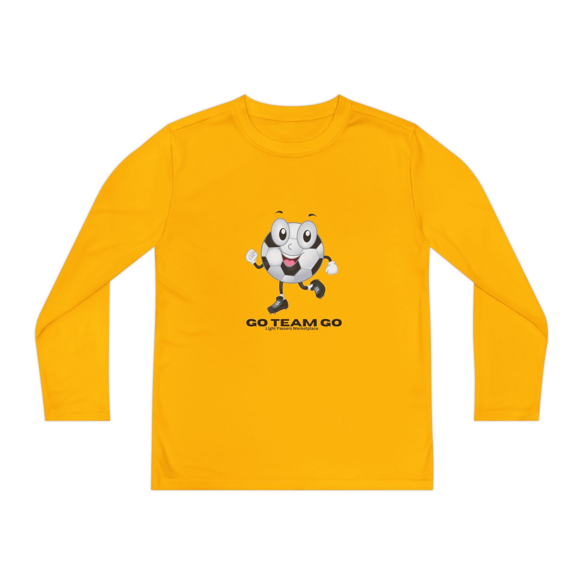 Youth Long Sleeve Soccer Ball Guy Go Team Go shirt featuring a cartoon soccer ball character with a sporty slogan, ideal for energetic young sports fans.