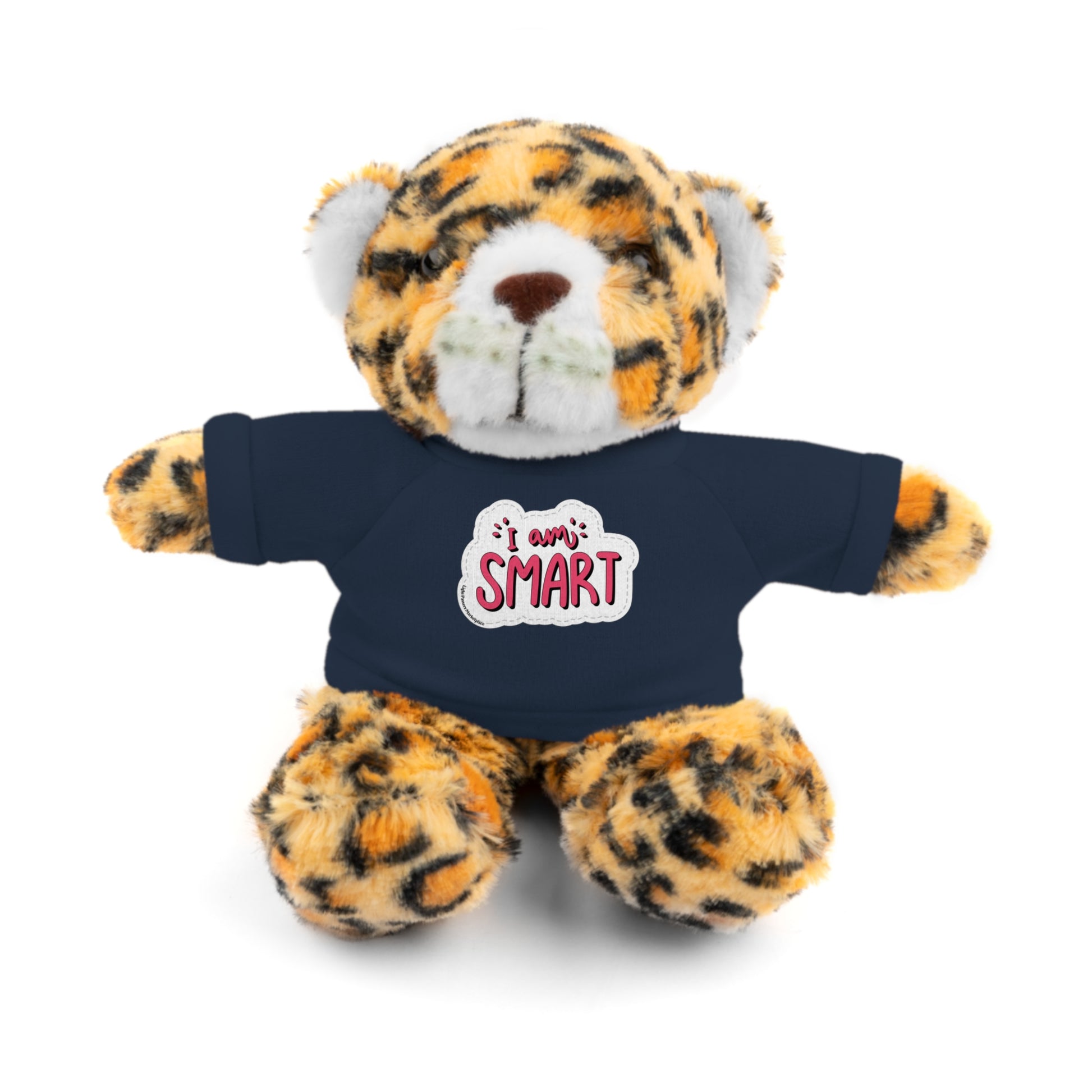 Cool Stuff Stuffies plush tiger wearing a removable T-shirt with 'I am Smart' message. Part of a collection featuring six educational stuffed animals.