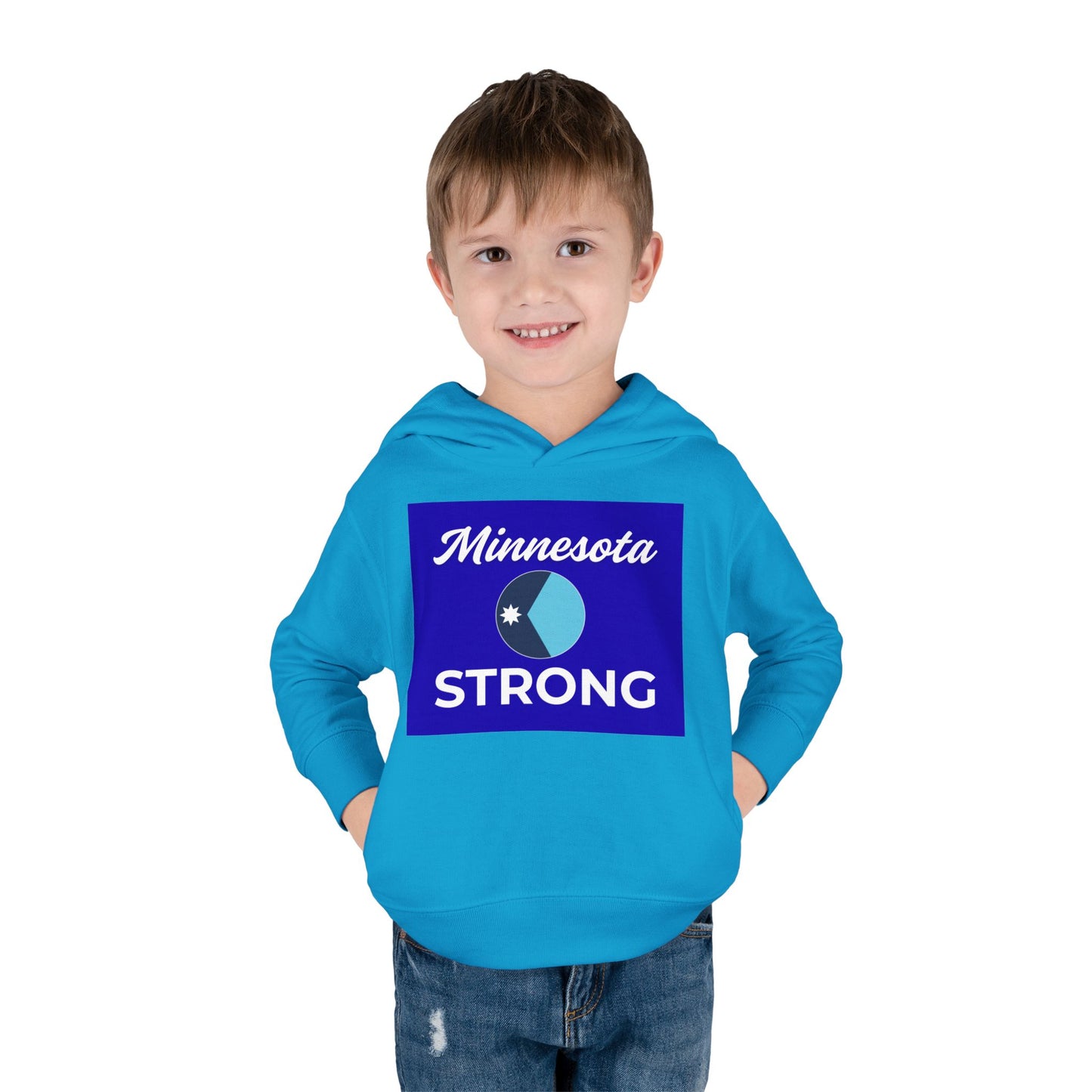 Young boy in blue Minnesota Strong hoodie from Light Passers Marketplace, showcasing state pride with cozy design and functional pockets.