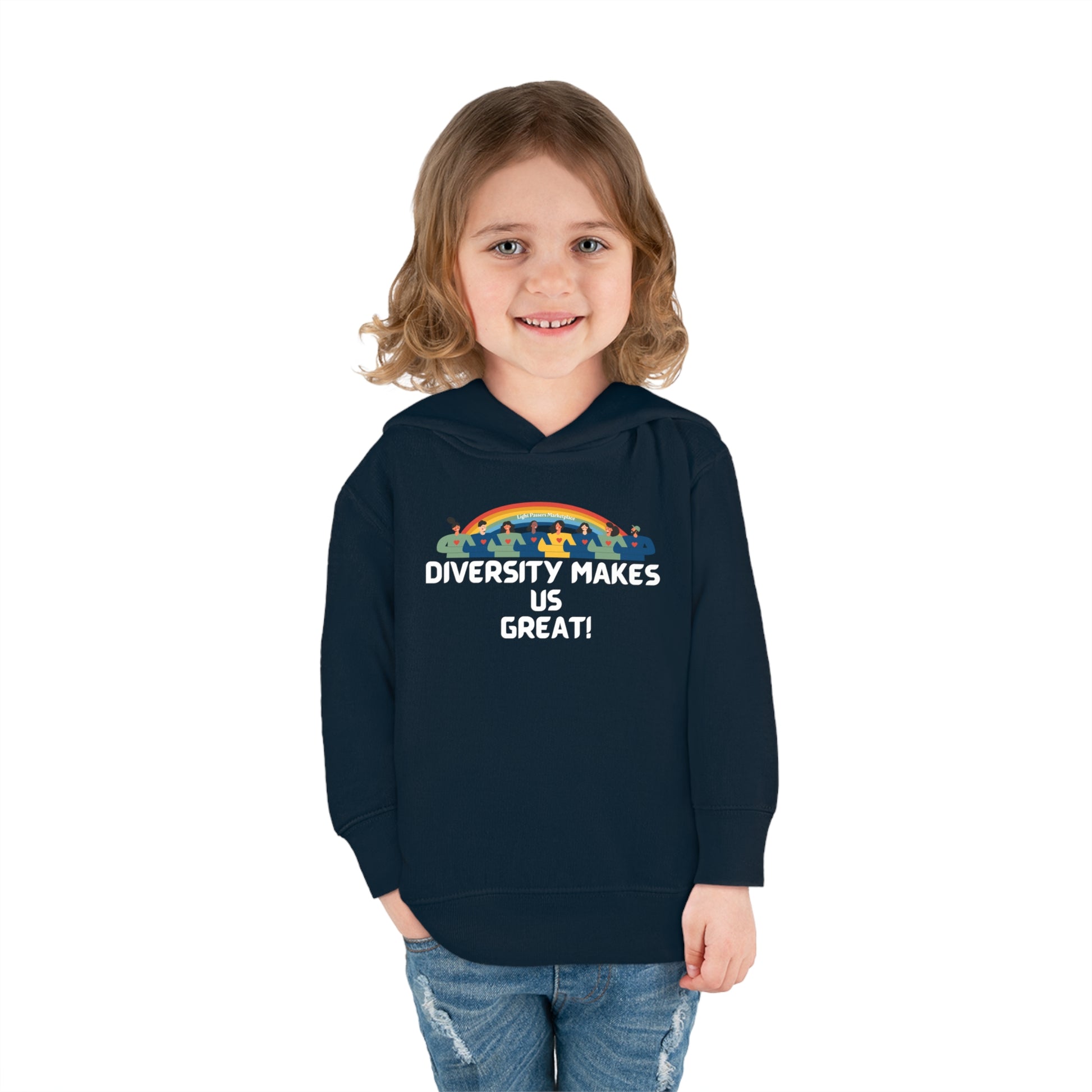 A child wearing a Rabbit Skins toddler hoodie with jersey-lined hood, cover-stitched details, and side seam pockets. Made of 60% cotton, 40% polyester for lasting coziness.