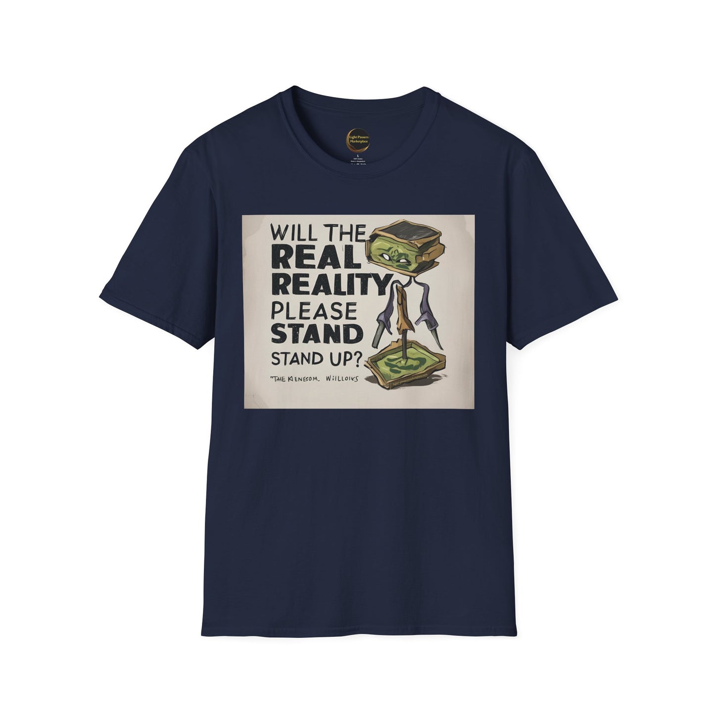 Unisex T-Shirt featuring an avocado-toast character with the phrase Will the Real Reality Please Stand Up? from Light Passers Marketplace's Love and Peace Collection.