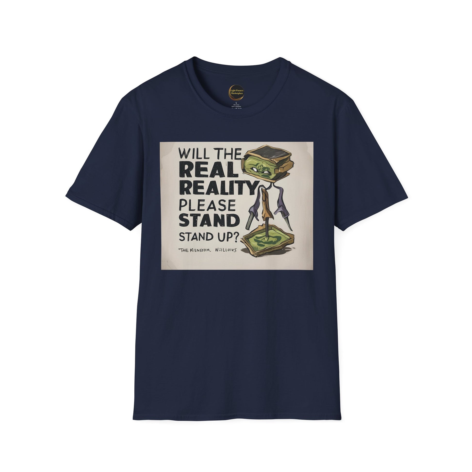 Unisex T-Shirt featuring an avocado-toast character with the phrase Will the Real Reality Please Stand Up? from Light Passers Marketplace's Love and Peace Collection.