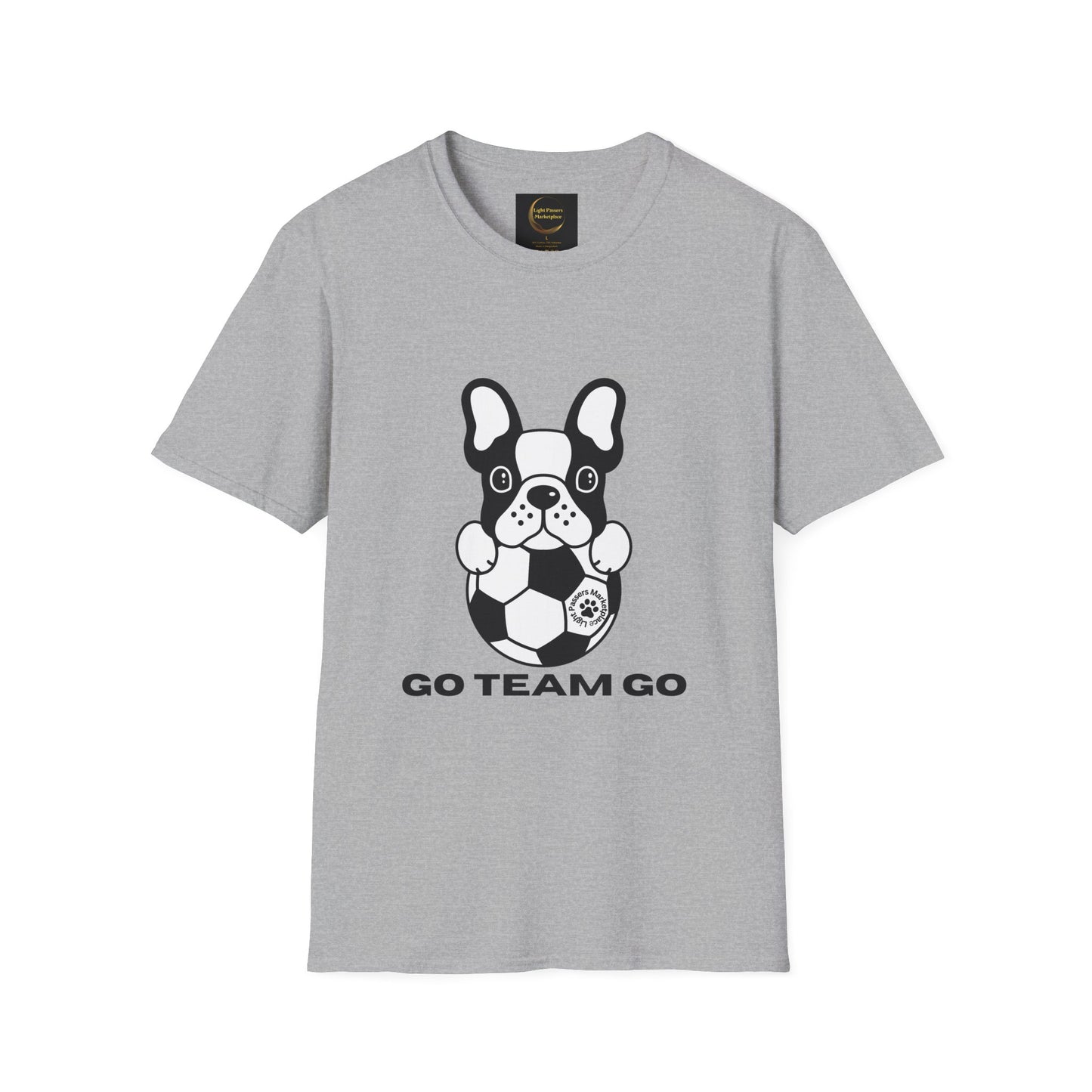 Soccer Dog Unisex T-Shirt featuring a French bulldog cartoon with soccer ball and GO TEAM GO slogan, highlighting casual comfort and ethical production from Passers Marketplace.